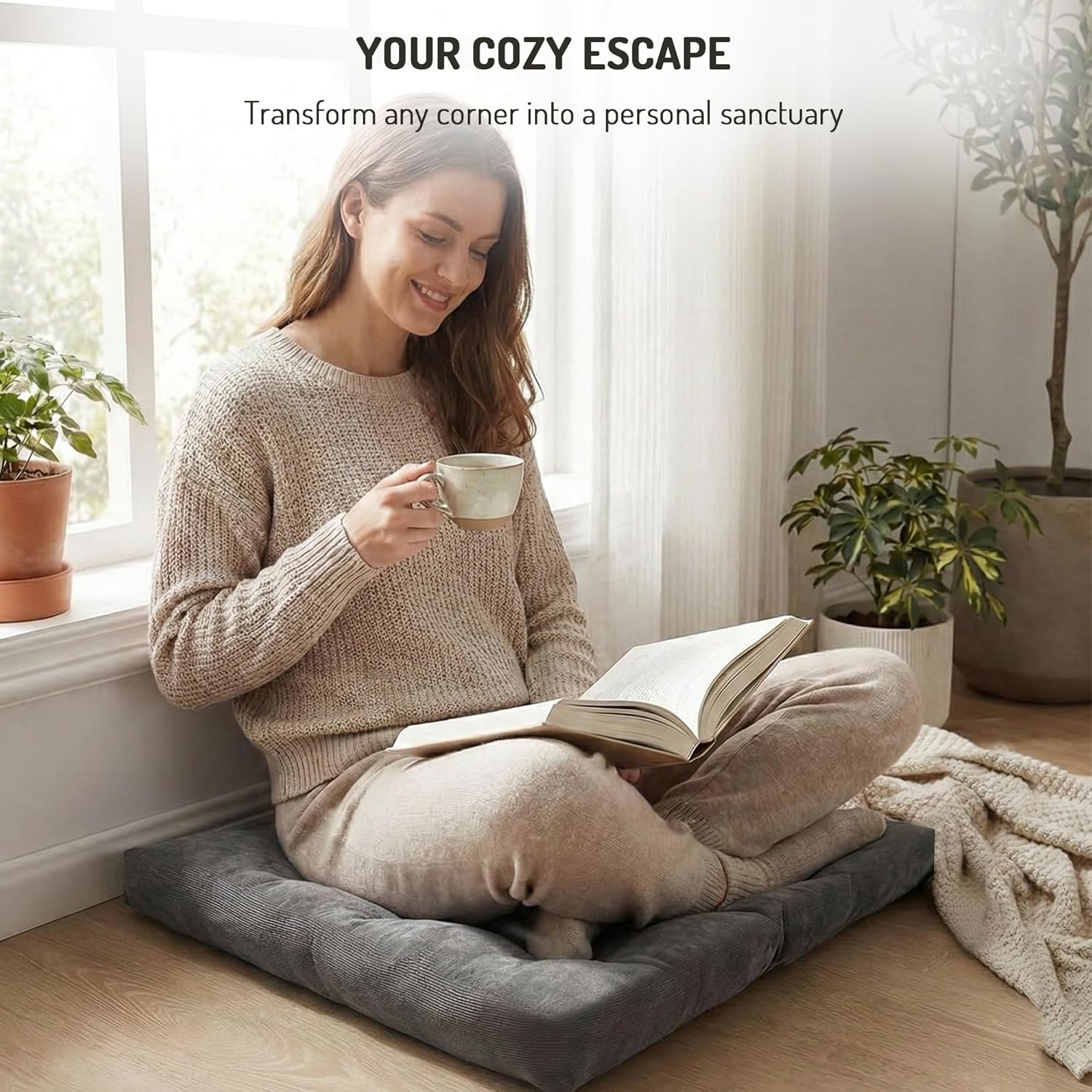 Degrees of Comfort Meditation Floor Pillow, Square Large Pillows Seating for Adults and Teens, Gray Tufted Corduroy Cushions for Yoga, Study Room, Home Office and Living Room, Grey, 22x22 Inch - Image 6