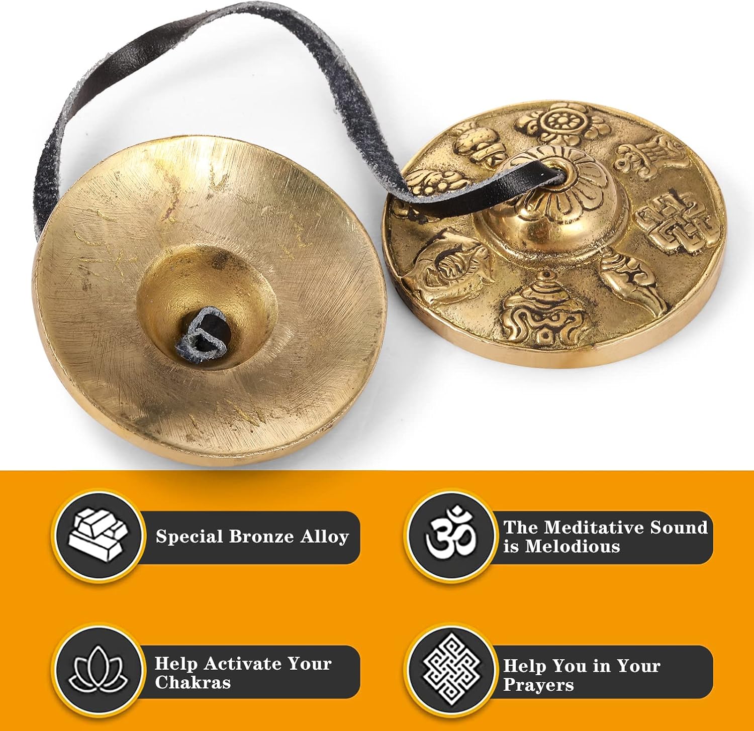 Boao Tibetan Bells Tingsha Cymbals Meditation Chime Bells with Tibetan Drawstring Cloth Bag, 6.3 cm Yoga Finger Meditation Chime for Percussion Instrument(8 Lucky Symbols Embossed) - Image 3