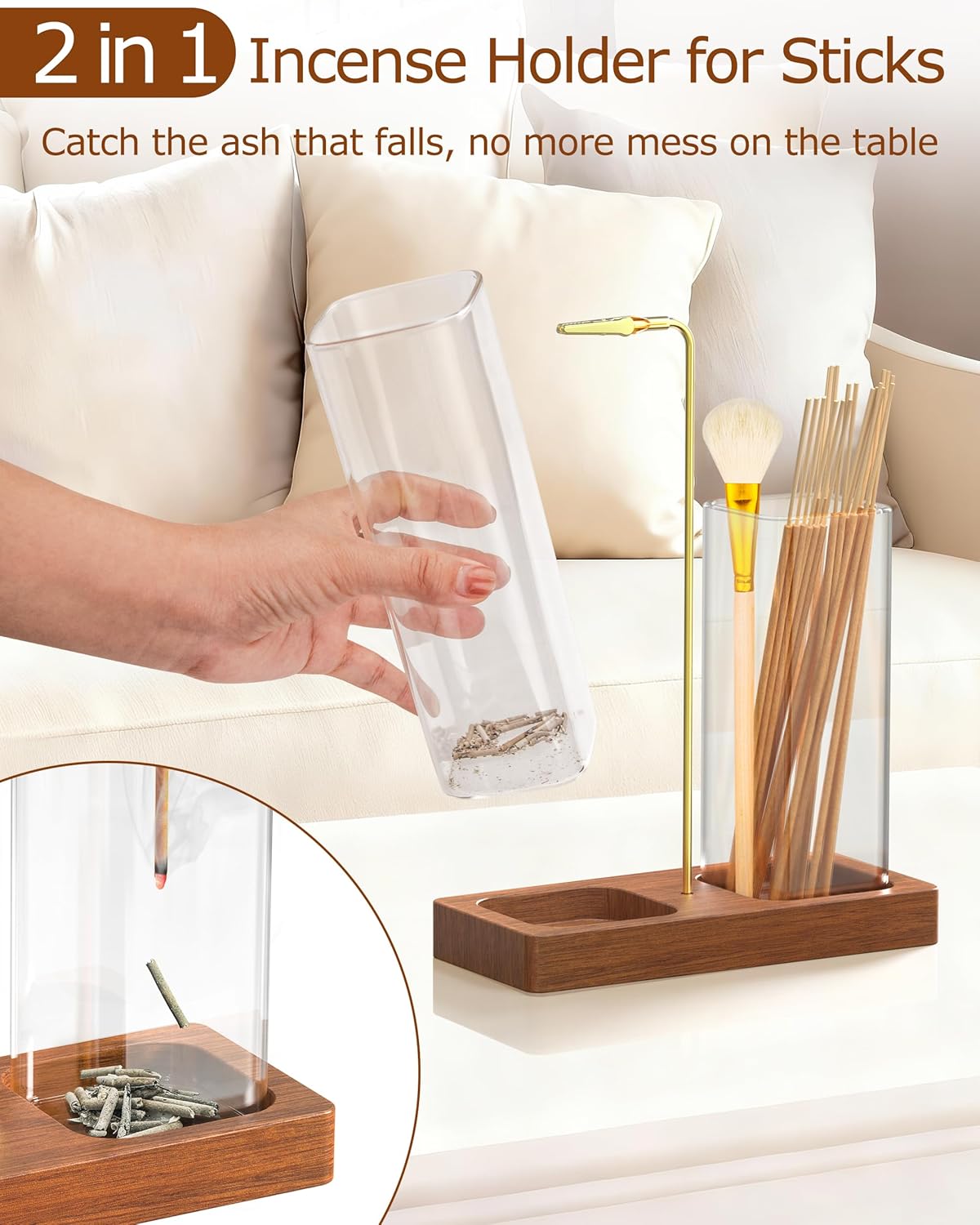 2 in 1 Incense Holder with Glass Jars, Large Incense Holder for Sticks, Upside Down Incense Burner with Ash Catcher & Storage for Meditation Yoga Spa Home Decor - 20 Incense Sticks & Brush - Image 3
