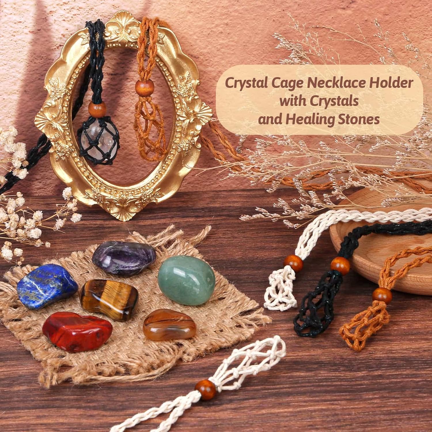 Evatage Crystals Necklace Holders and Healing Stones Set, 6Pcs Adjustable Crystal Cage with 7 Chakra Crystals and Healing Stones for Yoga, Meditation, Jewelry Gift and Home Decor - Image 3