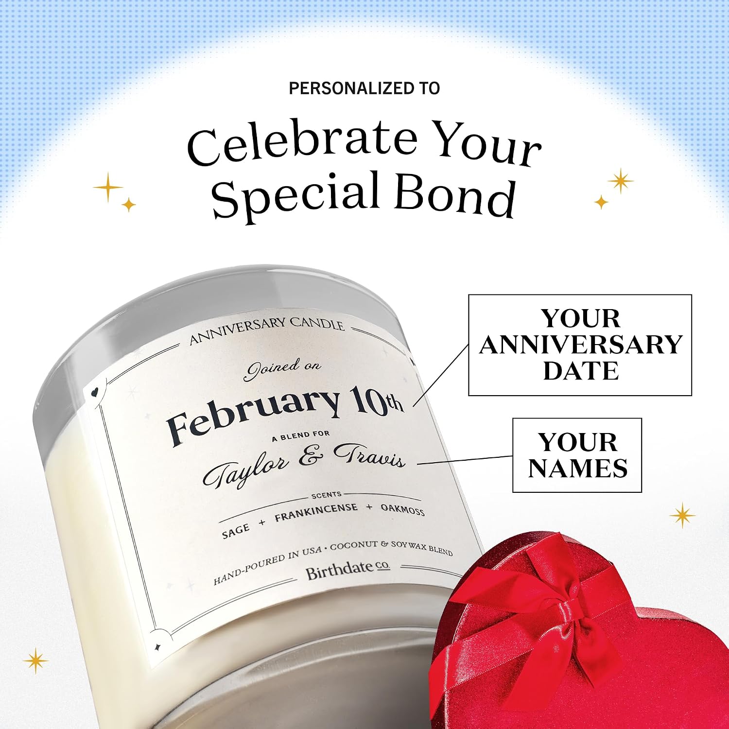 Anniversary Candle by Birthdate Co. - Scented Candles Anniversary Gift for Couple, Him & Her - Sage, Frankincense & Oakmoss Scent - All-Natural Soy & Coconut Wax, 60-80 Hour Burn Time - Made in USA - Image 6