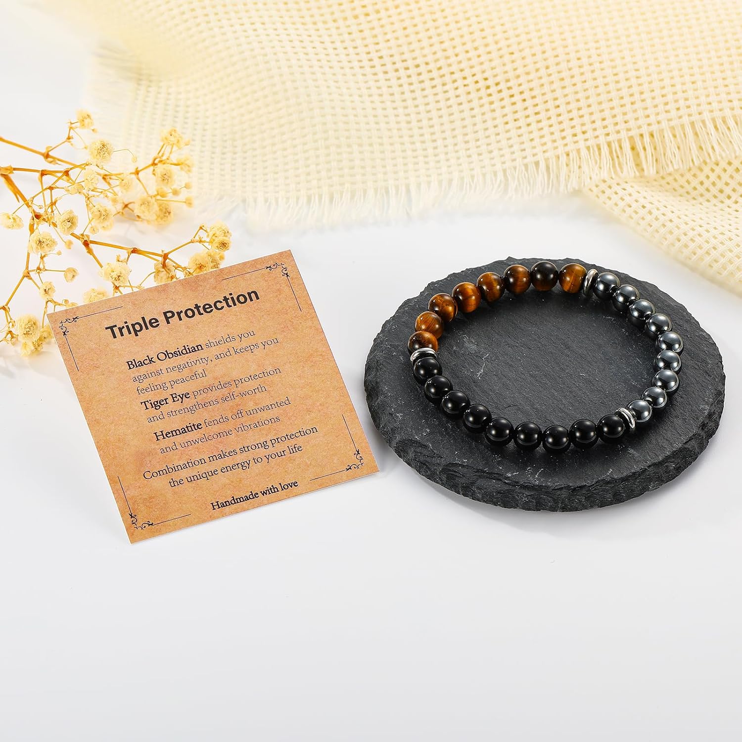 Gnamy Natural Stone Bracelet Gifts for Men- Triple Protection Hematite Black Obsidian Tiger Eye Gemstone Beaded Bracelets Birthday Healing Jewelry Gifts - Image 2