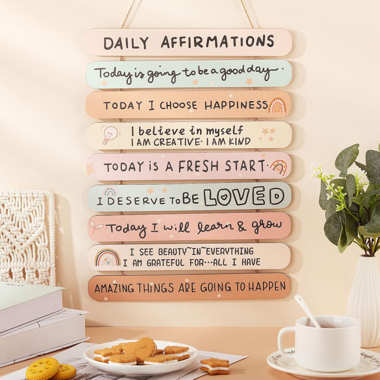 Gerrii Positive Affirmations Wall Decor Wooden Inspirational Wall Art Mental Awareness Motivational Hanging Art Positive Self Love Quotes Decor for Back to School Classroom Nursery Office(Rainbow) - Image 2
