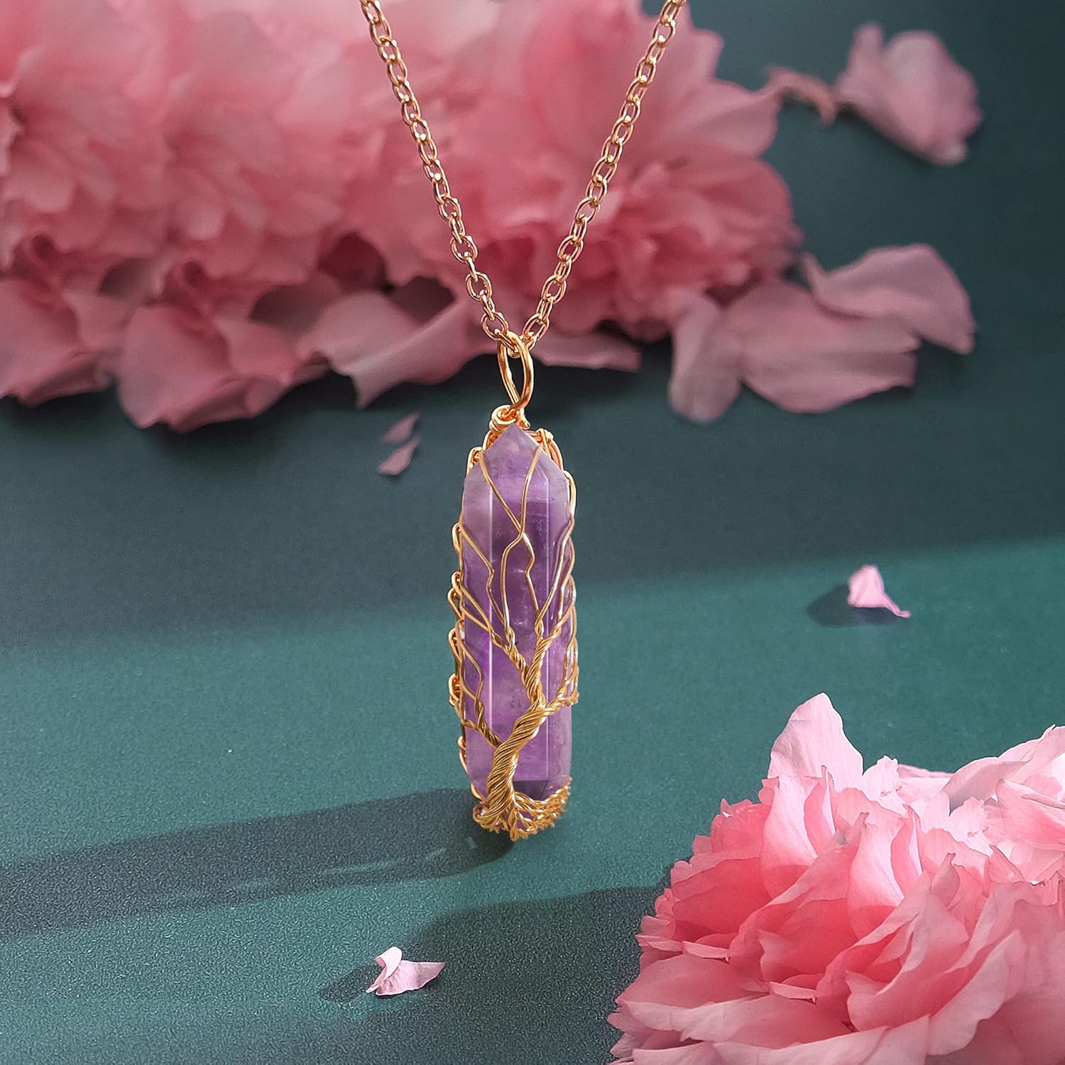 VIBILIA Healing Crystal Necklace Tree of Life Wire Wrapped Natural Stone Point Pendant Necklace Hexagonal Reiki Spiritual Quartz Gemstone Jewelry for Women Men - Image 4