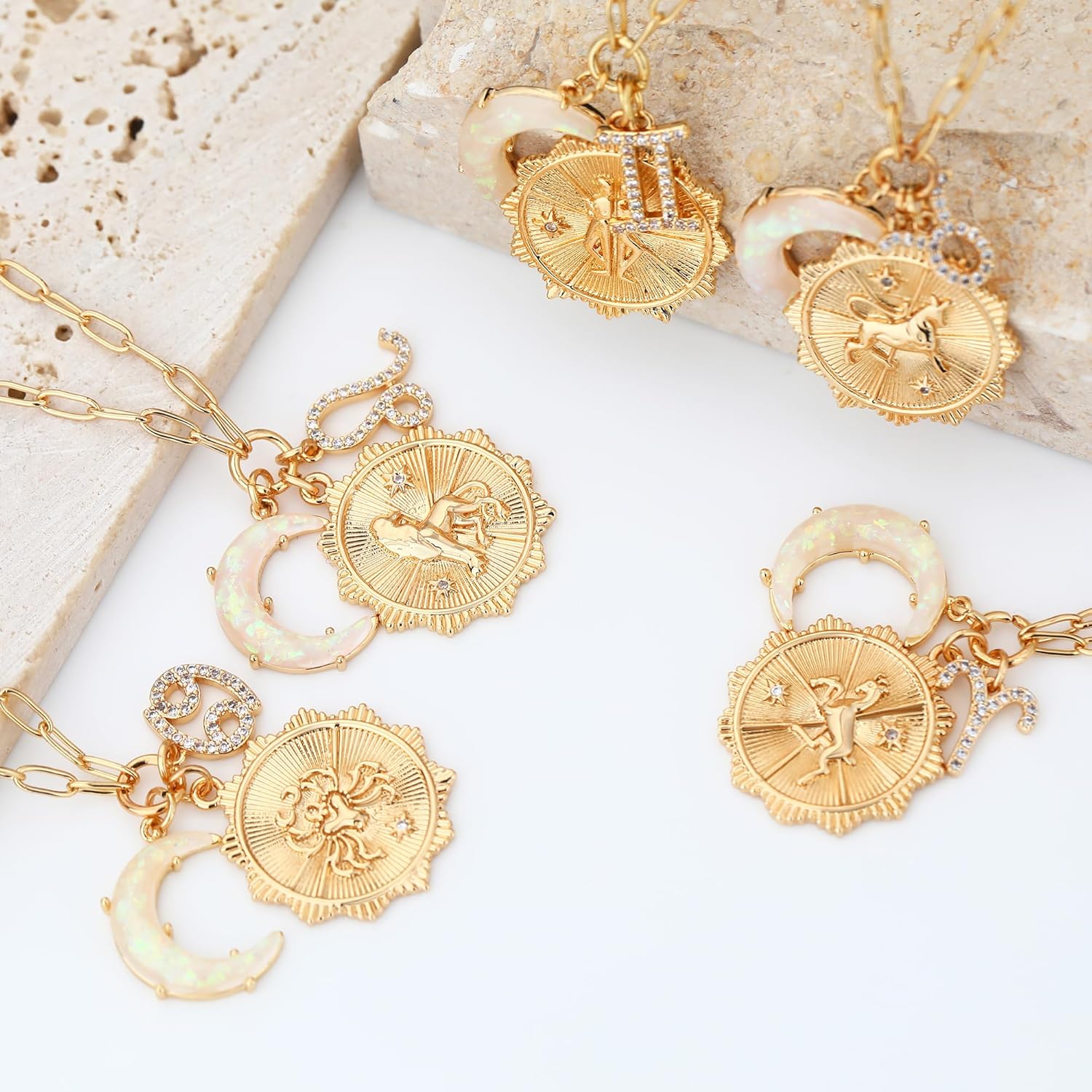 Gold Zodiac Sign Coin Necklace with Opal Crescent Moon Charm for Women Trendy, Dainty Gold Paperclip Chain 12 Constellation Horoscope Necklaces Astrology Jewelry Gifts - Image 6
