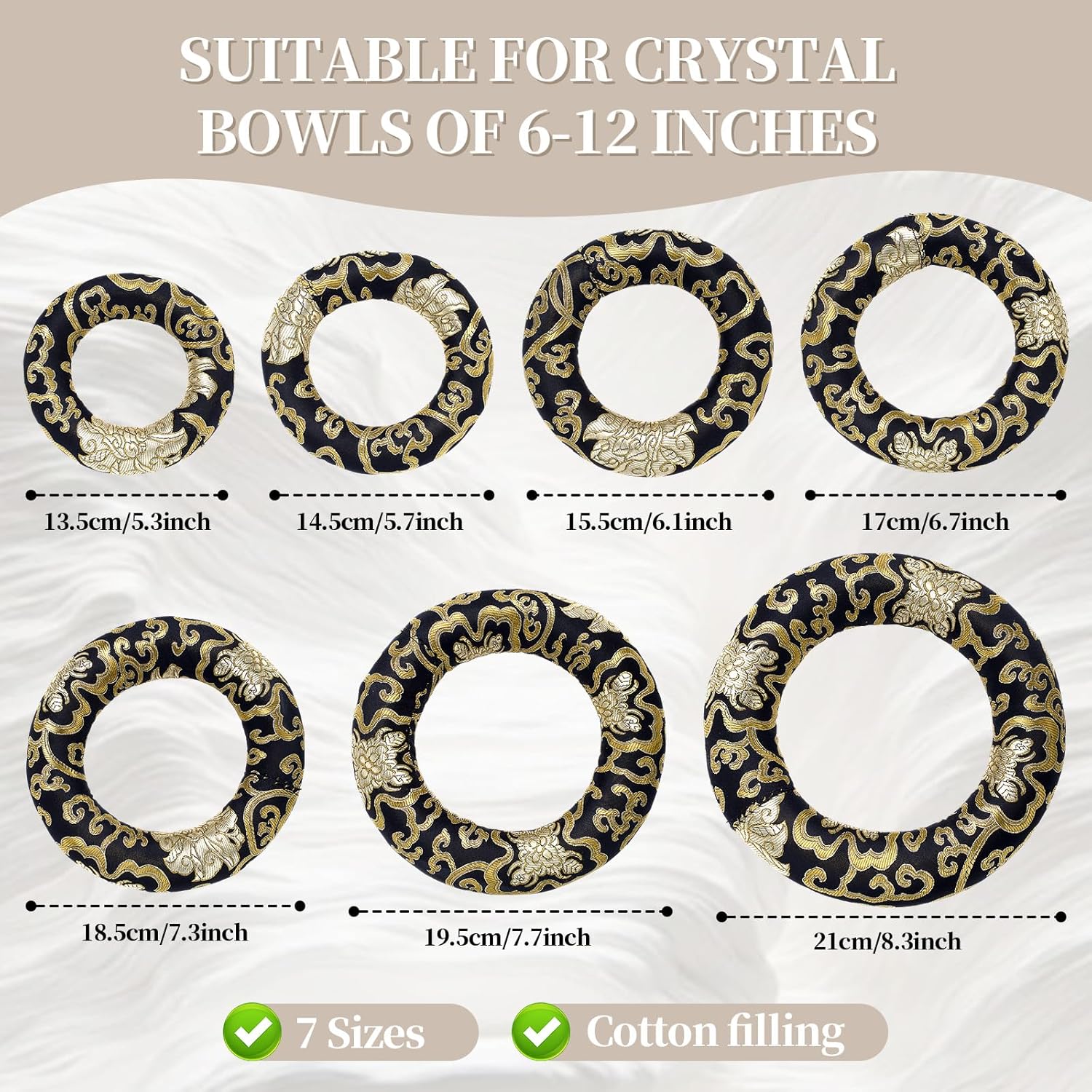 10 Pcs Singing Bowl Cushion Set 7 Silk Cloth O Ring with 3 Crystal Singing Bowl Mallet Include Solid and Hollow Stick Wood Handle Rubber Mallet for 6-12" Tibetan Sound Meditation (Black Gold) - Image 2