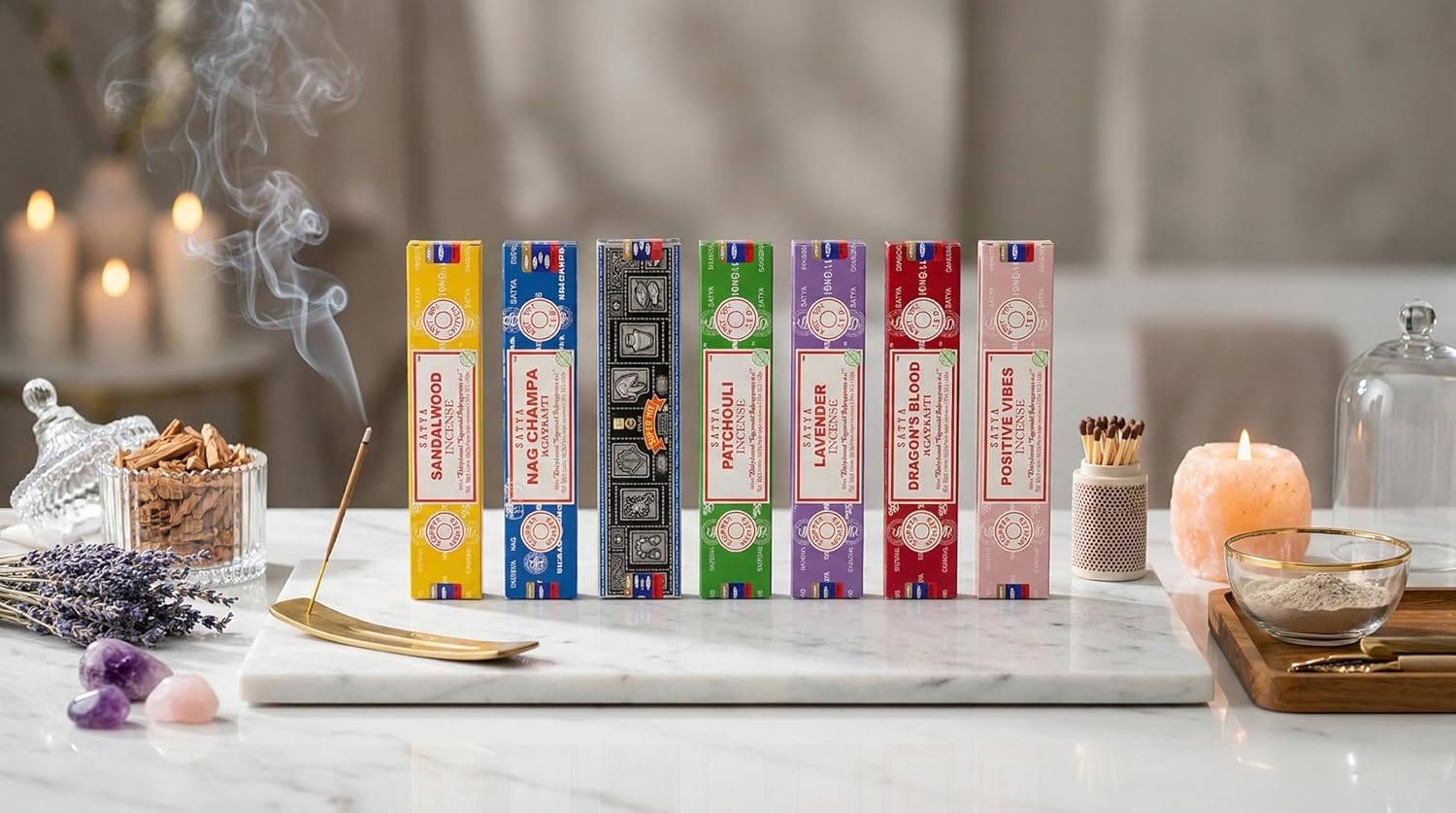 Satya Incense Gift Set Nag Champa, Super hit, Dragon's Blood, Sandalwood, Patchouli, Lavender, Positive Vibes, 15 g - Image 2