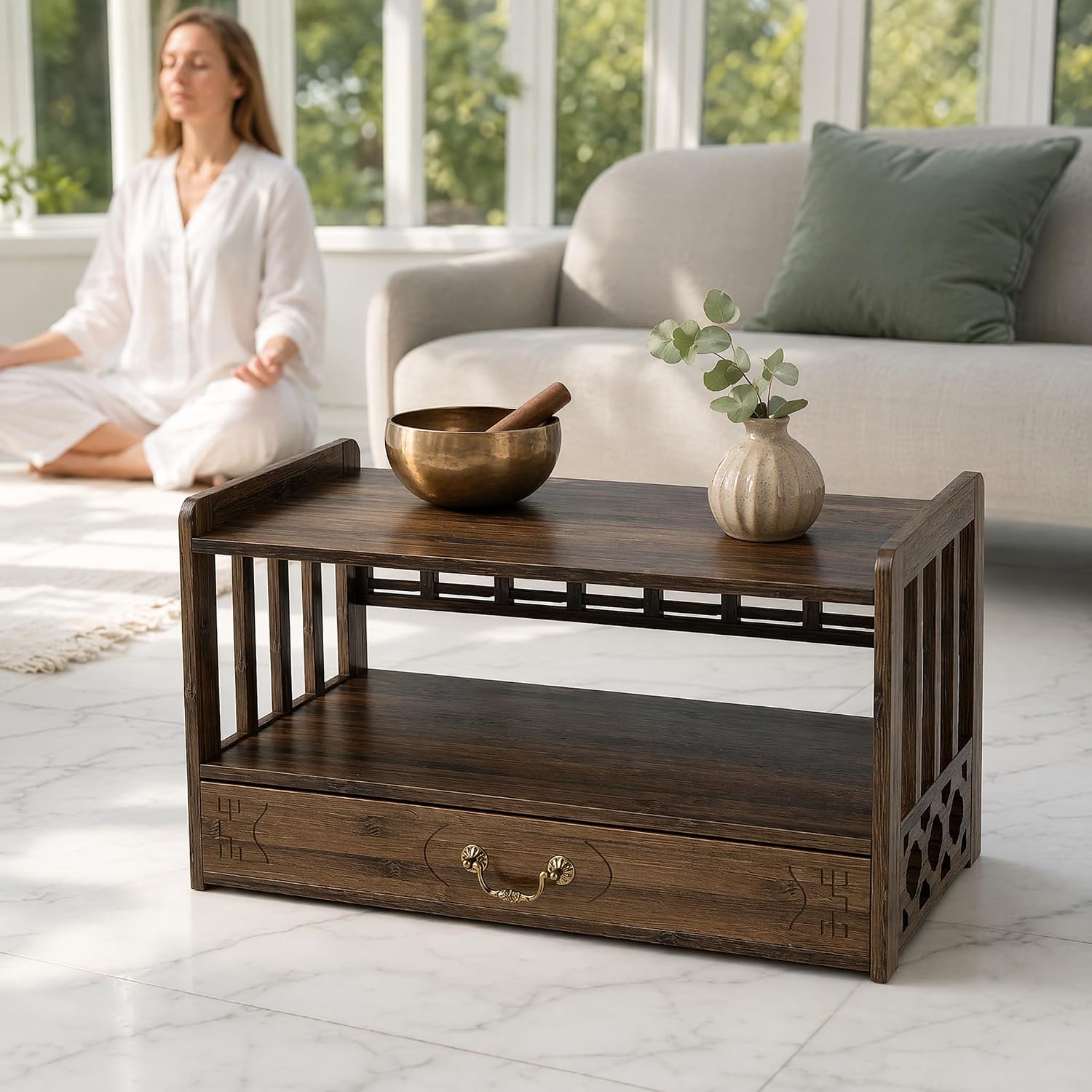 ikare Meditation Altar Table, Altar Table with Drawer, Puja Table for Home, Meditation Table for Prayers, Divination, Worship or Bamboo Furniture for Displaying Jars, Plants and Books (52cm) - Image 8