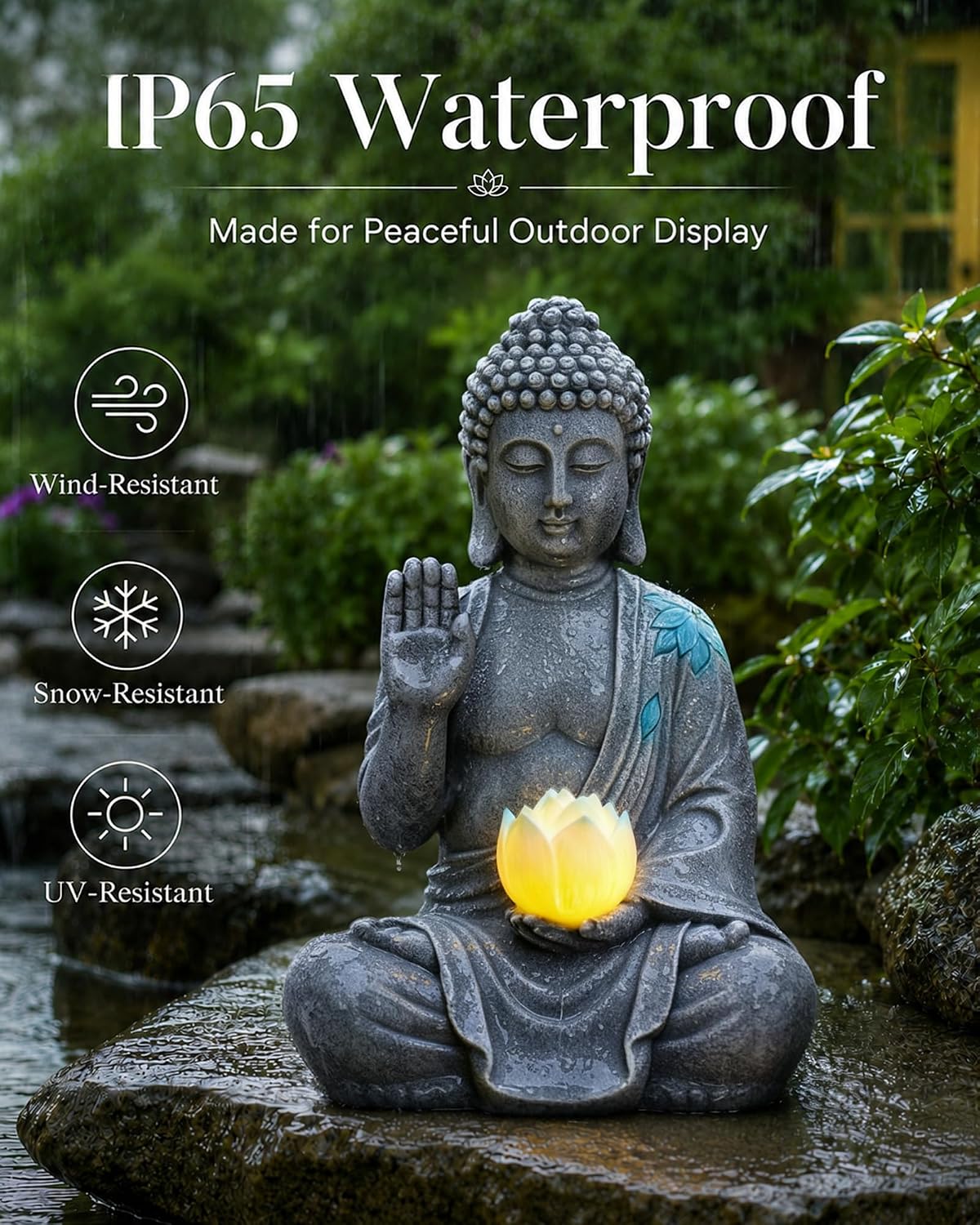 Nacome Solar Buddha Garden Statue Decor: Sitting Resin Figurine with Lotus Flower Light Zen Sculpture for Patio Lawn Yard Porch Balcony Meditation Space - 10.6 inches(Grey) - Image 6