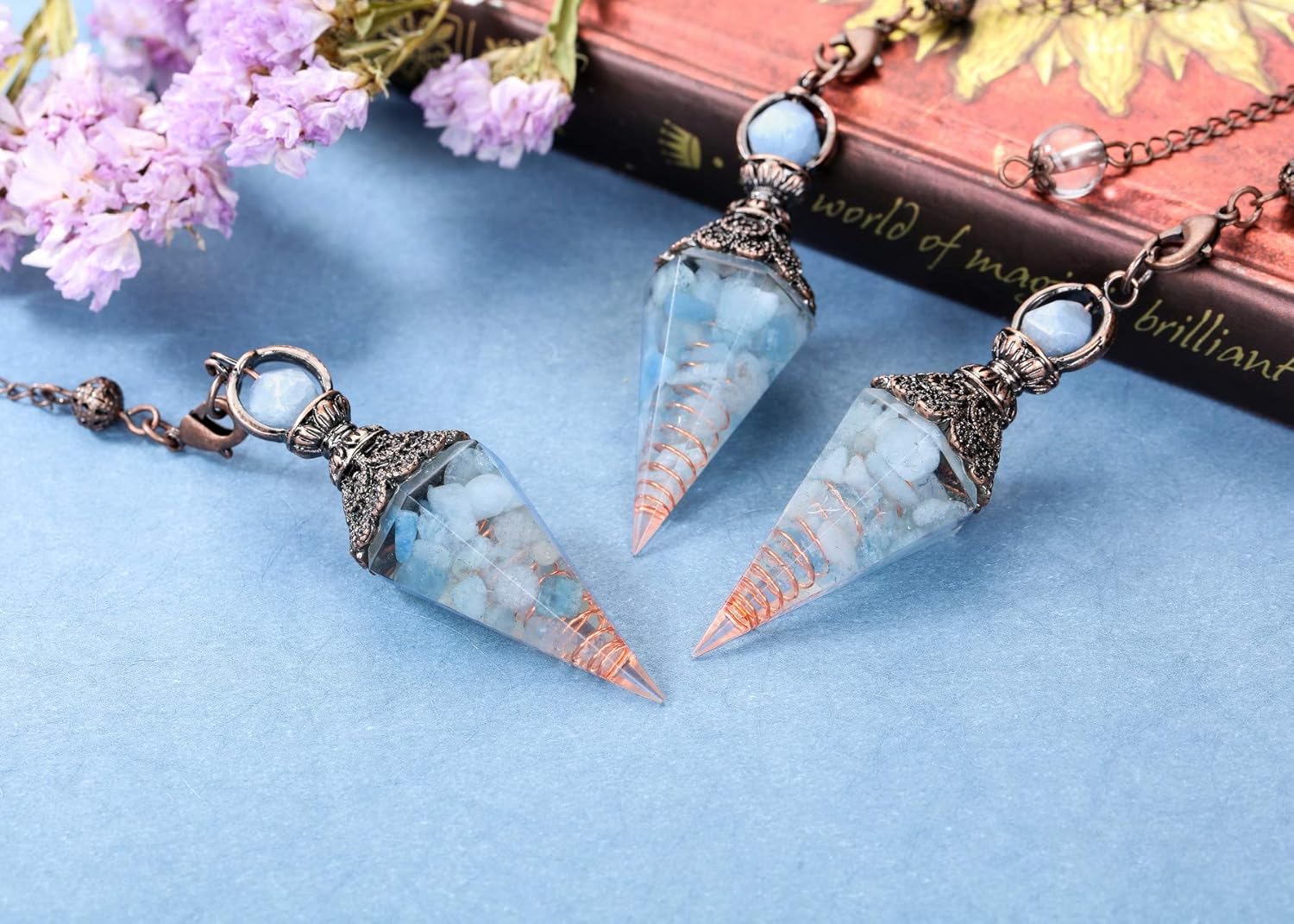 Jovivi Healing Crystal Pendulums for Dowsing Divination 6 Facted Hexagonal Pointed Cone Resin Chip Stones Reiki Wicca Spritual Gemstone Chakra Energy Pendant with Chain - Image 3
