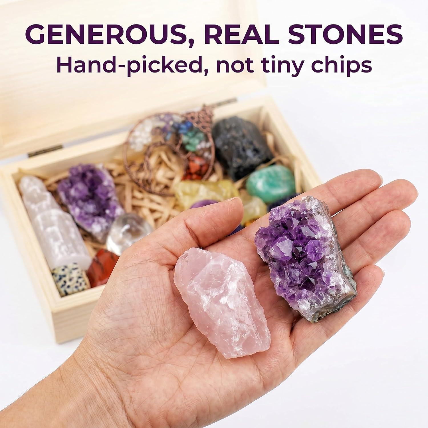 AtPerry's Healing Crystals Set - 16 Real Chakra Crystals & Stones for Stress & Anxiety Relief, Wooden Gift Box + Tree of Life Necklace + Guide Book, Selenite Amethyst Rose Quartz - Gift for Women - Image 2