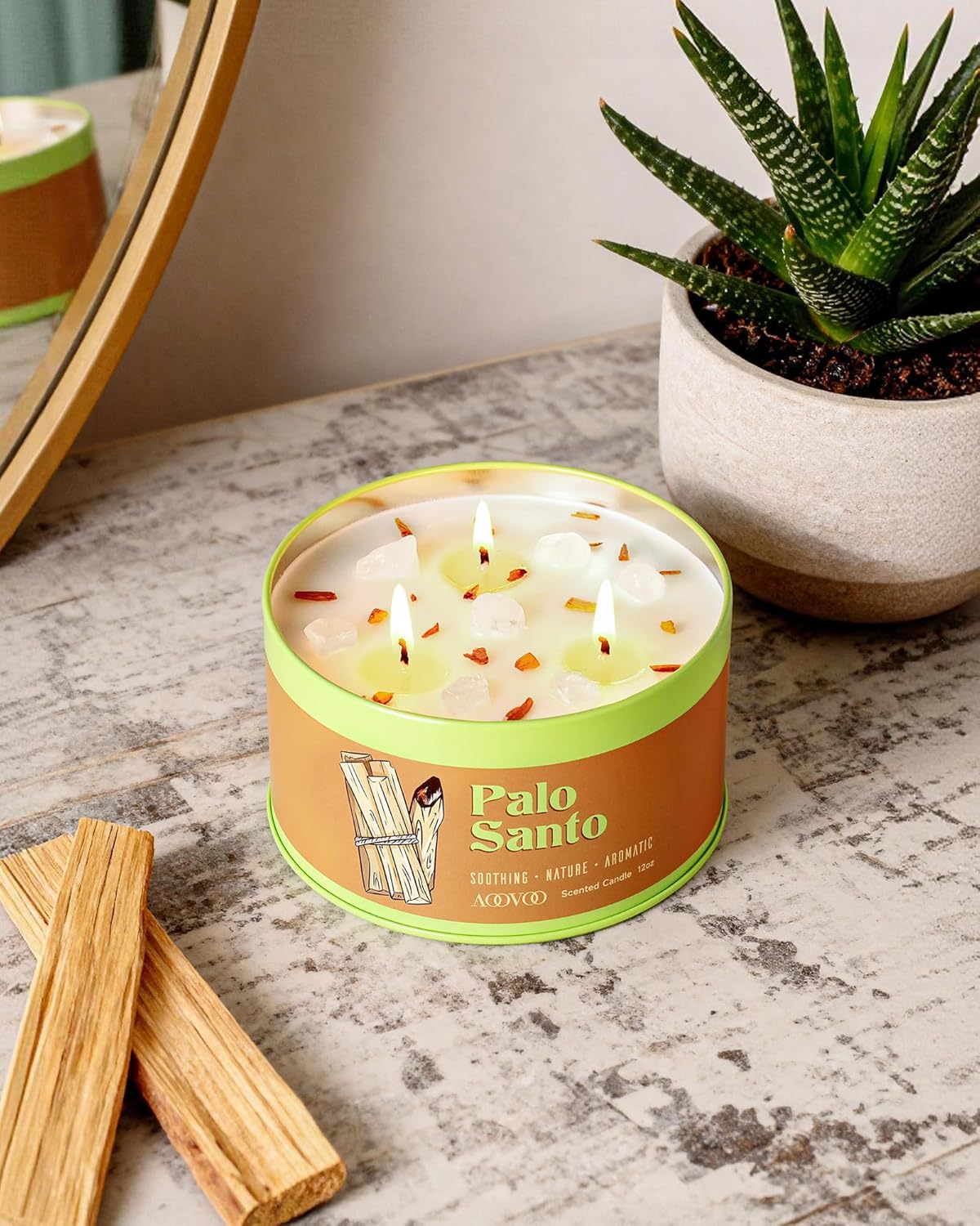 AOOVOO Palo Santo Candle for Meditation & Cleansing - 3 Wick 12oz Scented Candle with White Crystals & Palo Santo Inside, Non-Toxic Soy Candle for Spiritual Healing, Aromatherapy Gift for Women & Men - Image 2