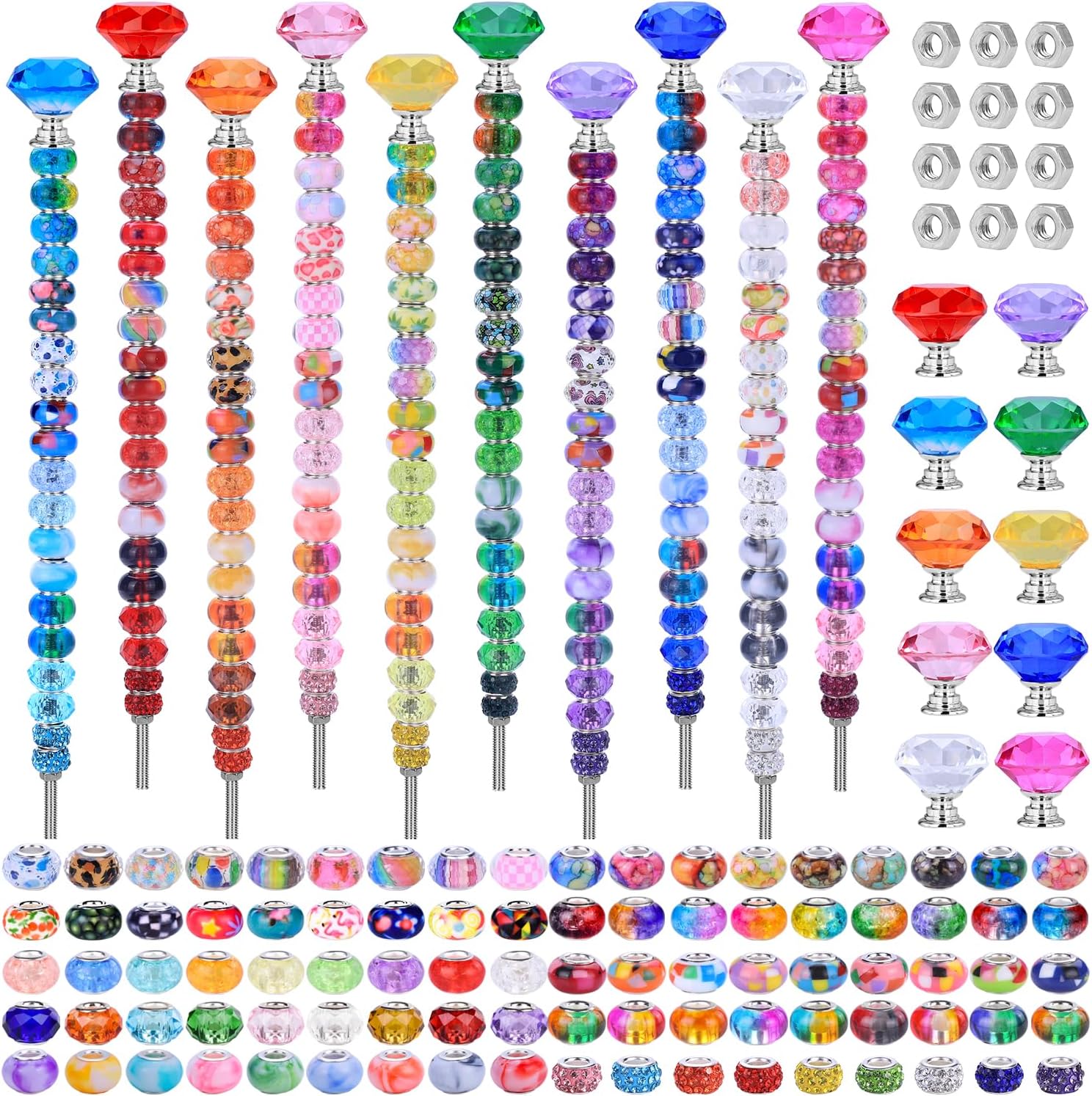 AIPRIDY DIY Crystal Beaded Fairy Wand Garden Stakes Kit, Colorful Decorative Wands with Assembly Guide, 12 or 10 Inch Threaded Rods,Outdoor Garden Decoration Set (238, Rainbow+Diamond Top)
