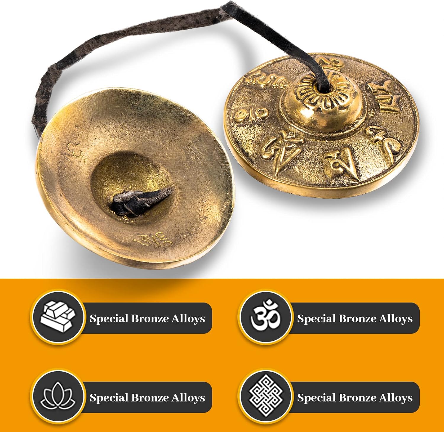 Boao Tibetan Bells Tingsha Cymbals Meditation Chime Bells with Tibetan Drawstring Cloth Bag, 6.3 cm Yoga Finger Meditation Chime for Percussion Instrument(Om Mane Padme Hum Symbols Embossed) - Image 3