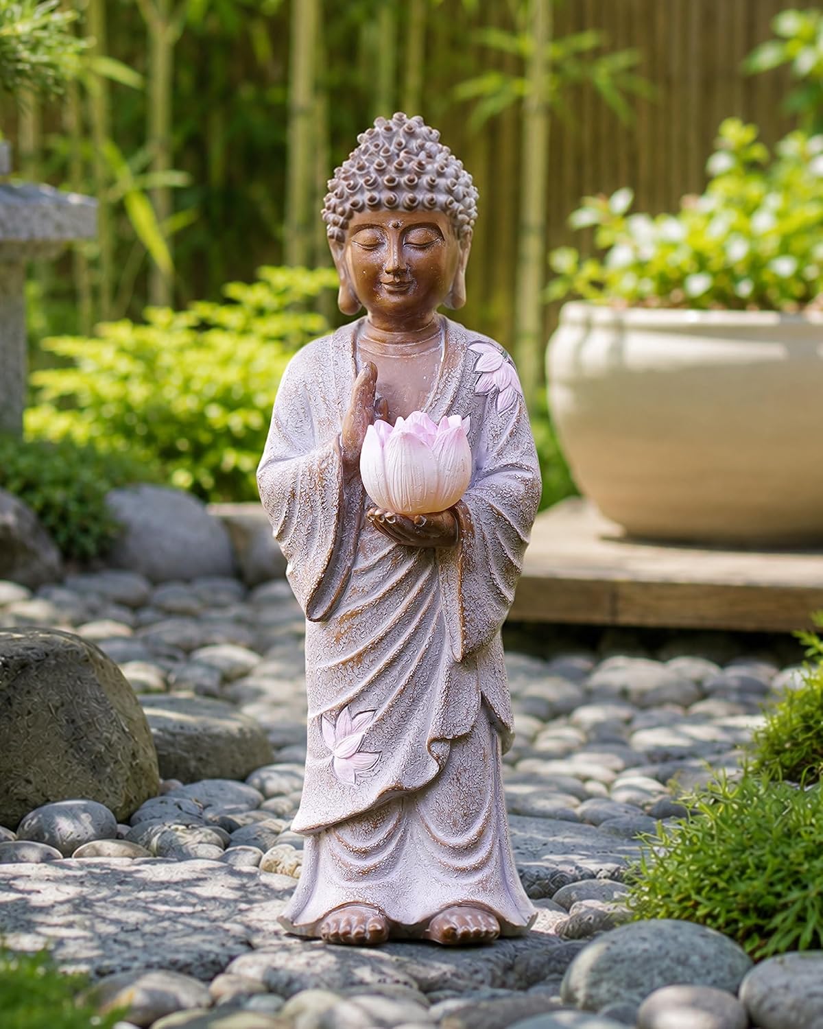 Nacome Solar Buddha Garden Statue Decor: Standing Resin Figurine with Lotus Flower Light Zen Sculpture for Patio Lawn Yard Porch Balcony Meditation Space - 11 inches(White) - Image 8