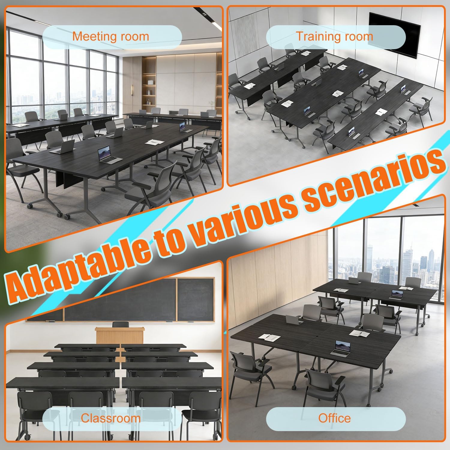 Folding Conference Room Table with Large Wheels,Space-Saving Stackable Folding Meeting Table Modular Flip-Top Conference Tables for Training Rooms, Classrooms & Seminars (6, Elm-Black, 47.2 Inch) - Image 3