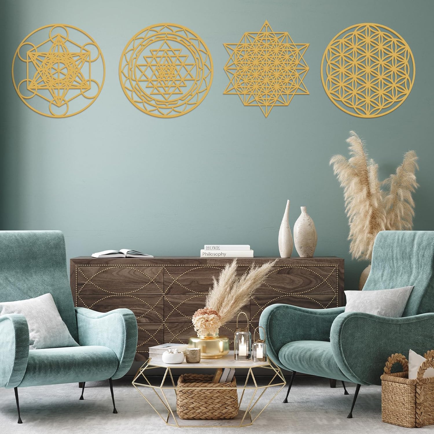 Leinuosen 4 Pcs 12 Inch Crystal Grid Board Sacred Geometric Wall Art Set Metatron Cube, Flower of Life, Sri Yantra, 64 Star Tetrahedron Pagan Decor Home Wall Decor for Room(Gold) - Image 7