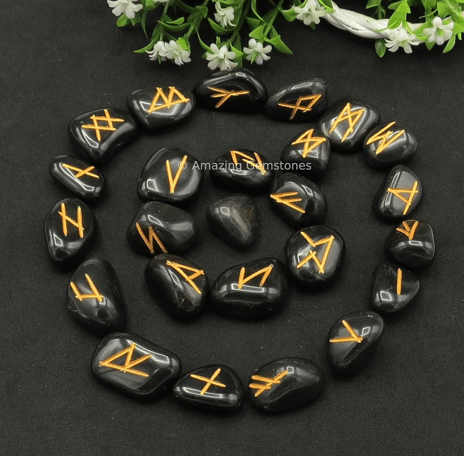 Amazing Gemstone Black Agate Crystal Runes Set of 25 Engraved Rune Stones with Runes Book PDF - Image 2