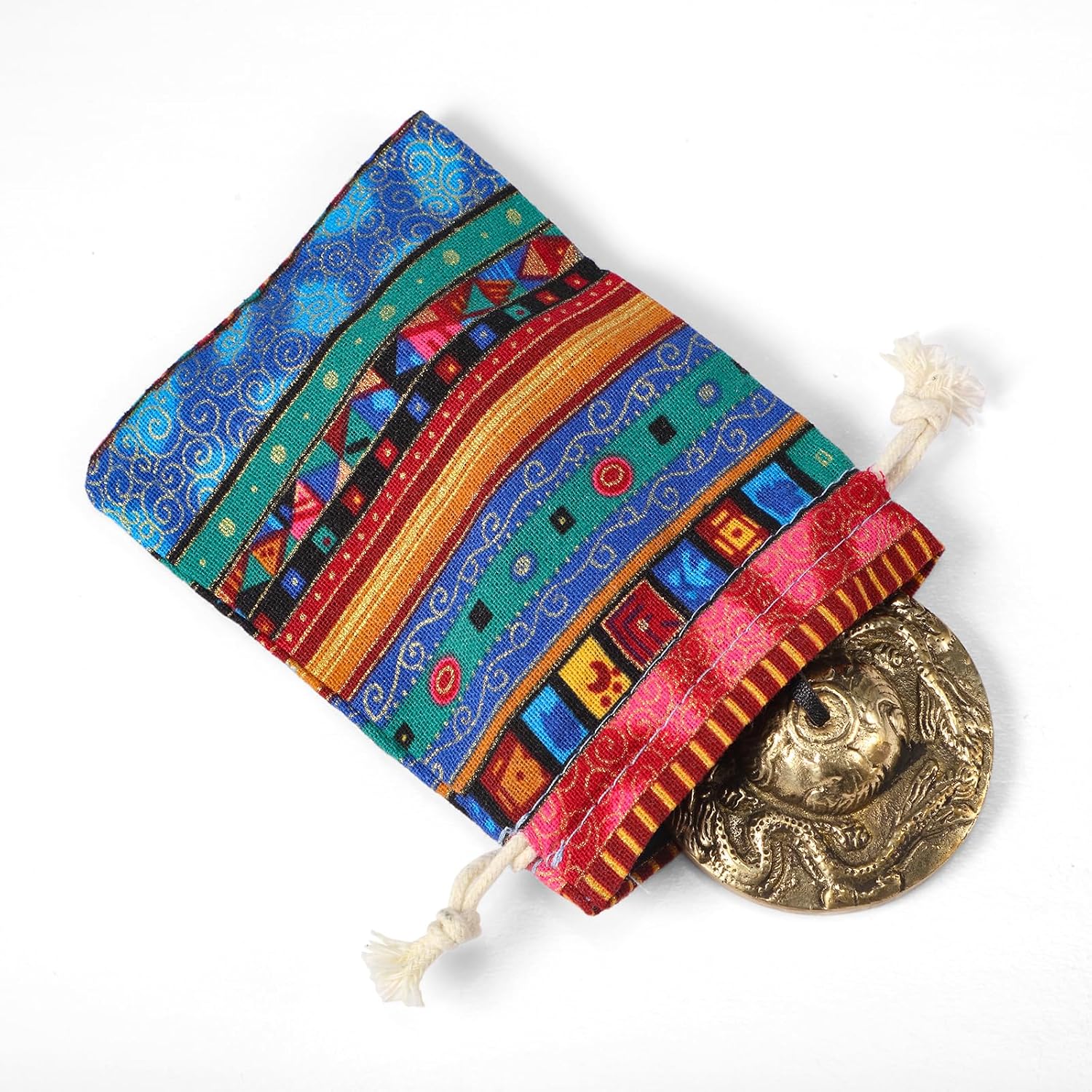 Boao Tibetan Bells Tingsha Cymbals Meditation Chime Bells with Tibetan Drawstring Cloth Bag, 6.3 cm Yoga Finger Meditation Chime for Percussion Instrument(2 Dragons with Bell Embossed) - Image 4