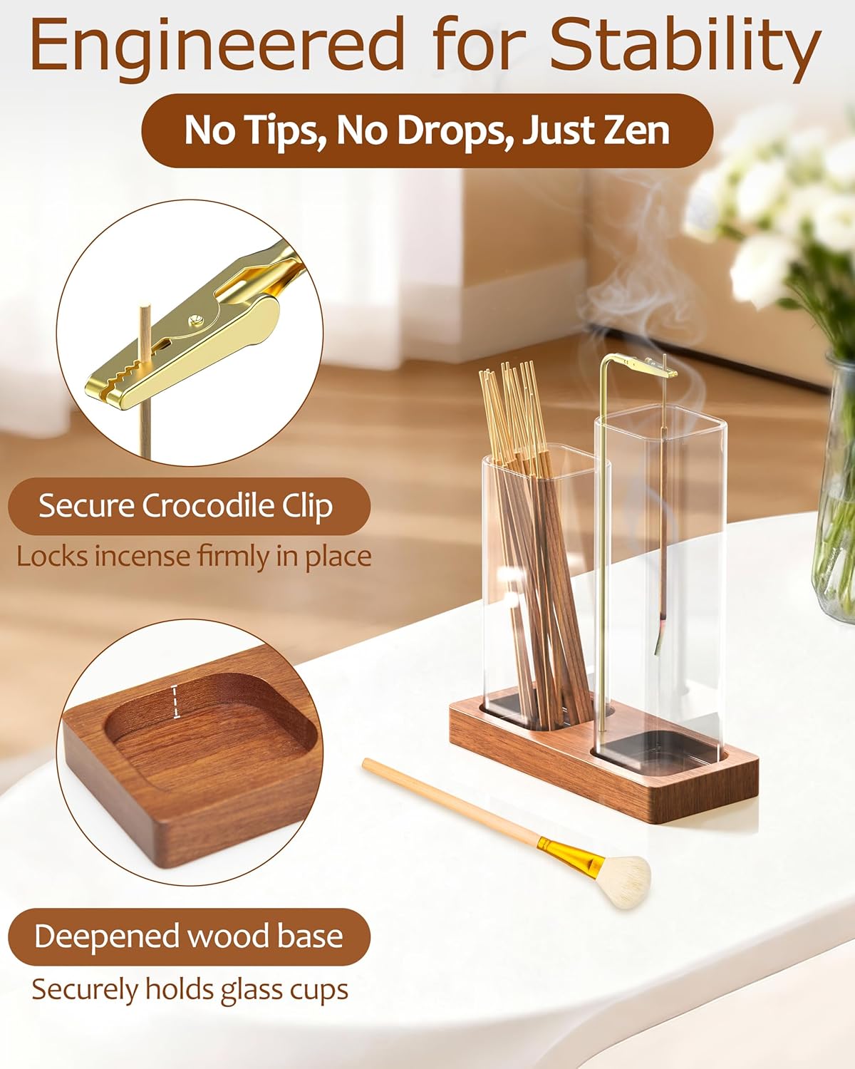 2 in 1 Incense Holder with Glass Jars, Large Incense Holder for Sticks, Upside Down Incense Burner with Ash Catcher & Storage for Meditation Yoga Spa Home Decor - 20 Incense Sticks & Brush - Image 5