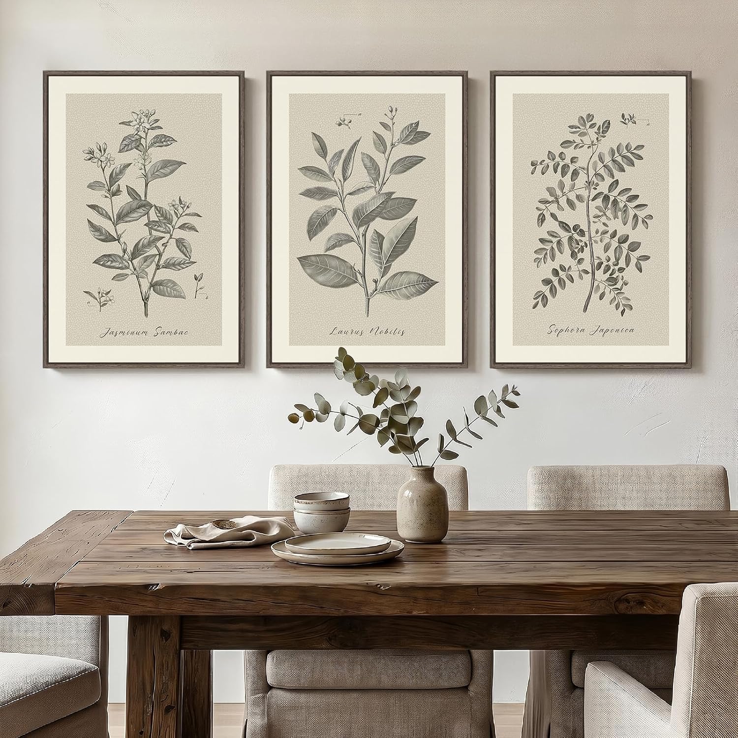 Framed Vintage Botanical Wall Art for Dining Room, 3 Piece Neutral Floral Plants Canvas Painting Prints Artwork, Rustic Flowers Pictures for Farmhouse Living Room Bedroom Kitchen Home Decor, 16x24 In
