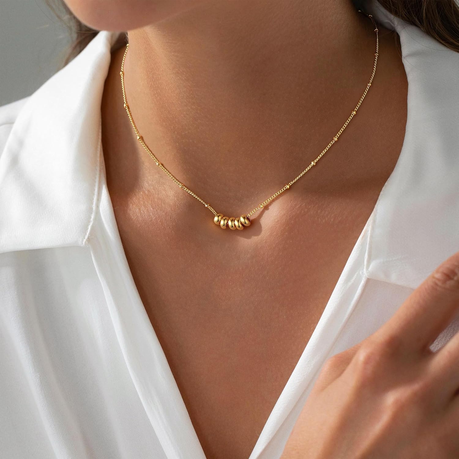 M MOOHAM Gold Necklace for Women Non Tarnish - Dainty 14K Gold Plated Beaded Chain Small Pendant Necklaces Simple Pearl Circle Beads Teardrop Pendant Necklace for Women Trendy Jewelry Gifts - Image 3