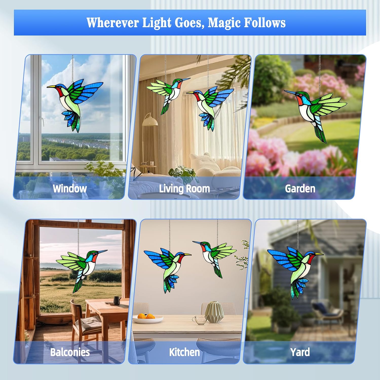 2 Packs Hummingbird Stained Glass Window Hanging Suncatchers - 6 Inch Handmade Real Glass with Copper Foil Edges, Bird Safe Gifts for Women Mom Grandma Bird Lovers(Suction Hooks Included) - Image 5