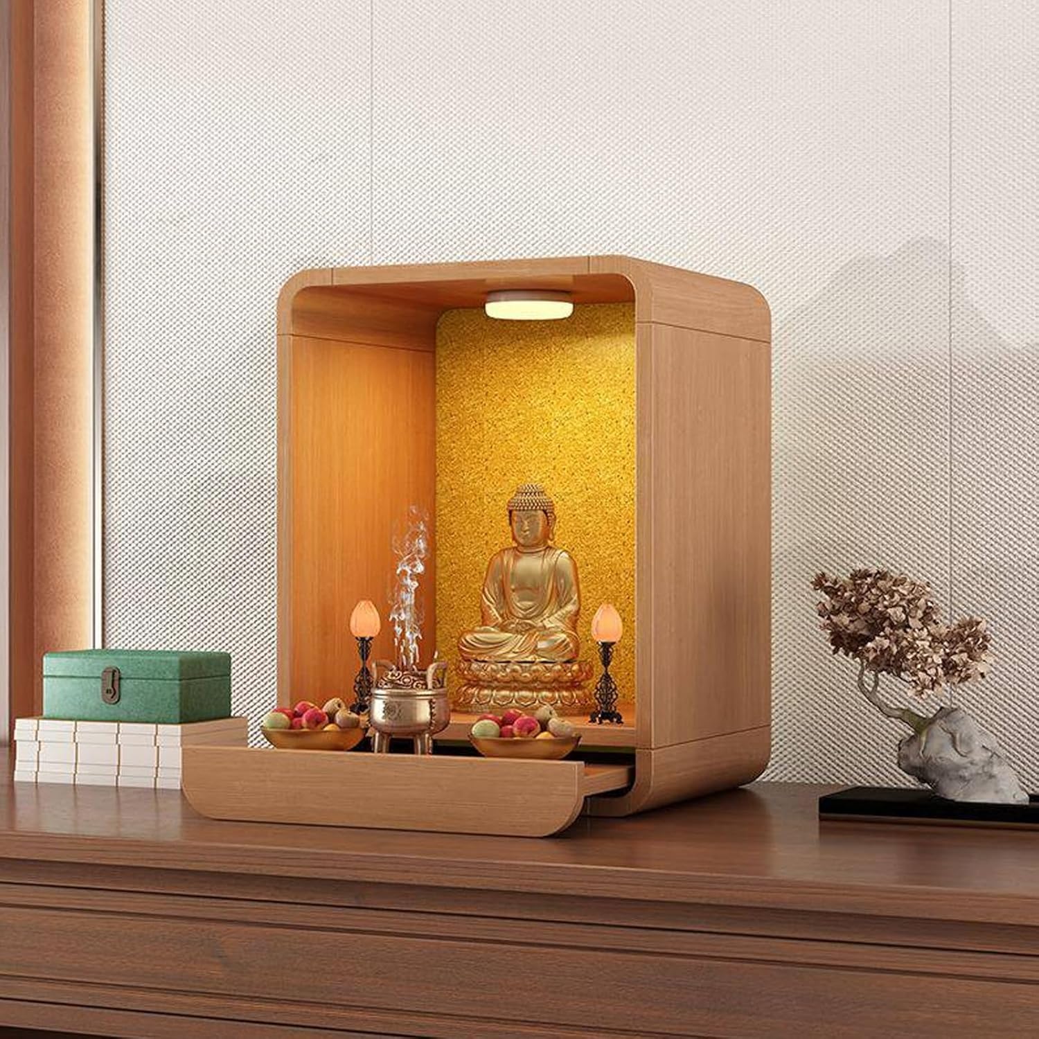Modern Minimalist Buddhist Shrine Altar Table for Home, Wood Buddha Cabinet with Drawer & LED Light for Guanyin, God of Wealth(Light Walnut,Medium)
