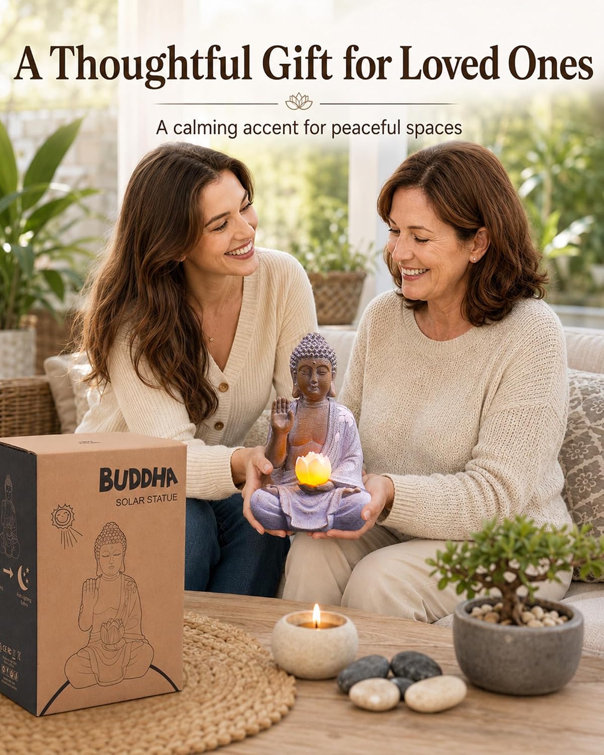 Nacome Solar Buddha Garden Statue Decor: Sitting Resin Figurine with Lotus Flower Light Zen Sculpture for Patio Lawn Yard Porch Balcony Meditation Space - 10.6 inches(White) - Image 2