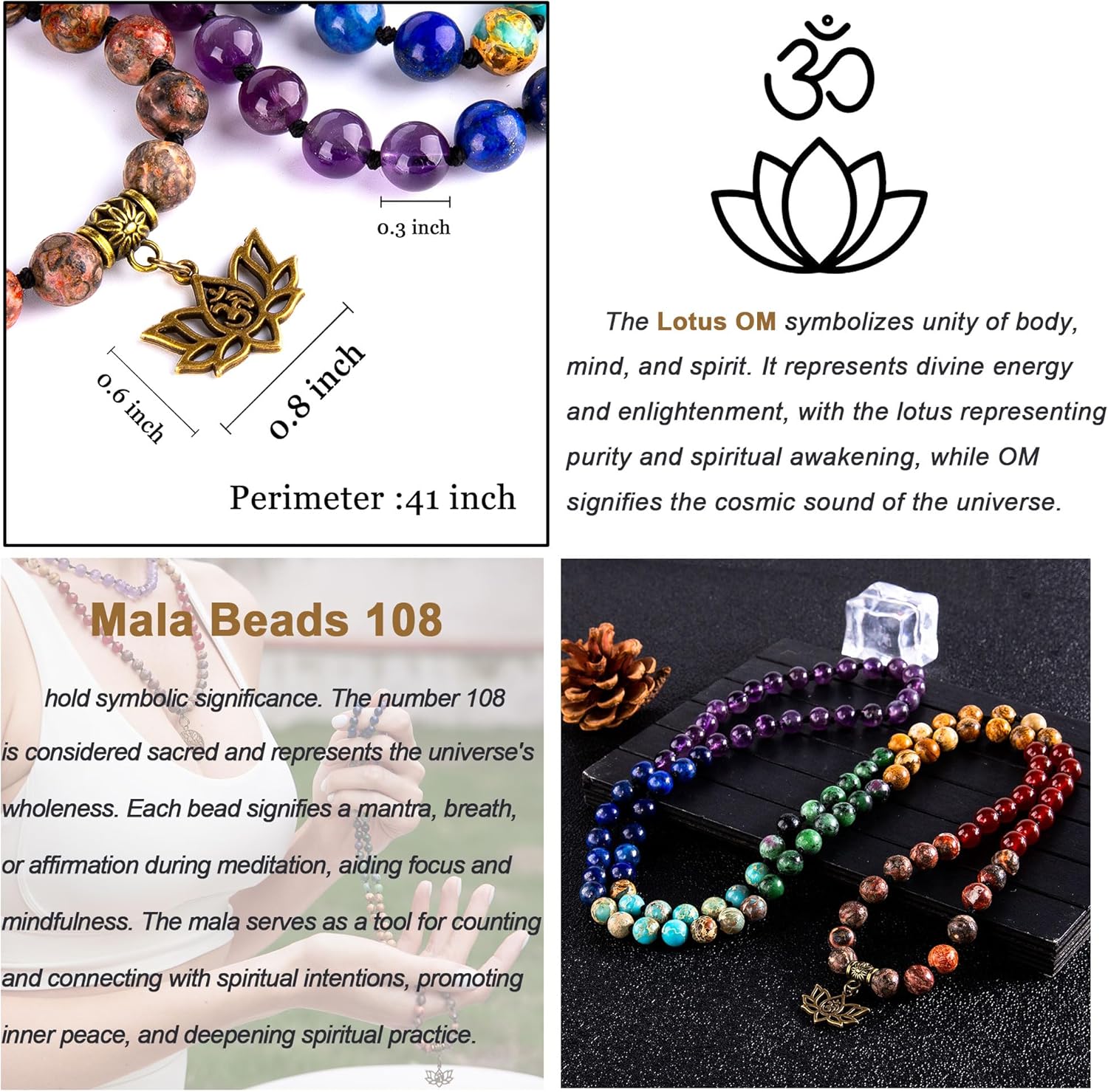 Bivei 7 Chakra 108 Mala Beads Bracelet Real Gemstone Yoga Meditation Hand Knotted Mala Prayer Bead Necklace - Image 4