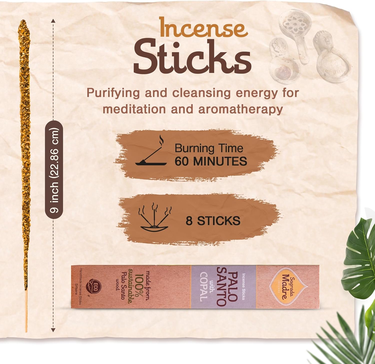 Sagrada Madre 8pcs Wildly Harvested Thick Palo Santo Incense Sticks (Copal), 9” Long - Non-Toxic, Aromatic Incense Sticks (1hr Burning Time) to Heal & Calm Your Body and Environment-Pack x 3 - Image 2