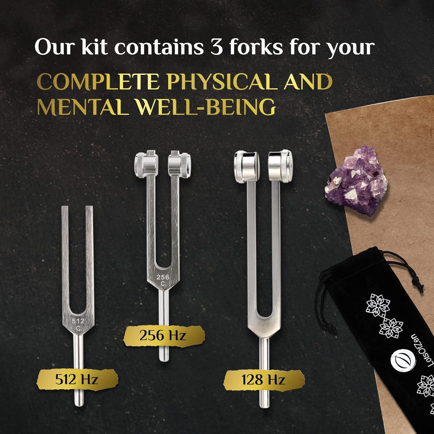 LOTS OF ZEN Tuning Fork for Healing Set (128Hz, 256Hz, 512Hz) | Sound Therapy, Chakra Balance & Grounding, Weighted & Unweighted, 80-Min Expert Video Course, Mallet & Velvet Pouches - Image 7