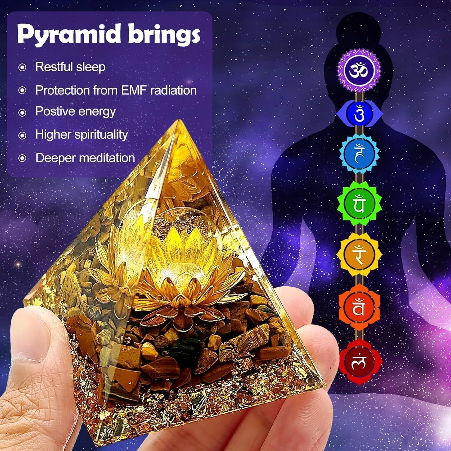 Orgone Pyramid Flower of Life Orgonite Money Healing Crystals Pyramid for Positive Energy with Tiger's Eye Stones and Luck White Crystal That Promotes Wealth, Prosperity and attracts Success - Image 3