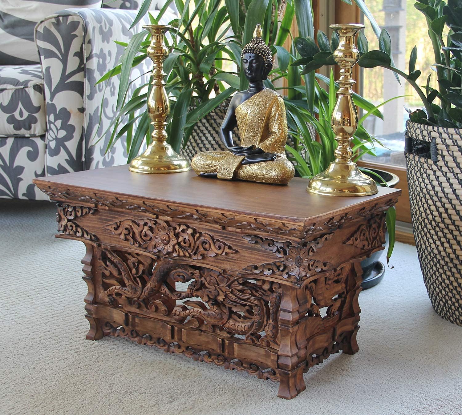 DharmaObjects Solid Indian Elm Wood Hand Carved Floor Shrine Altar Meditation Table (Large, Dark) - Image 2
