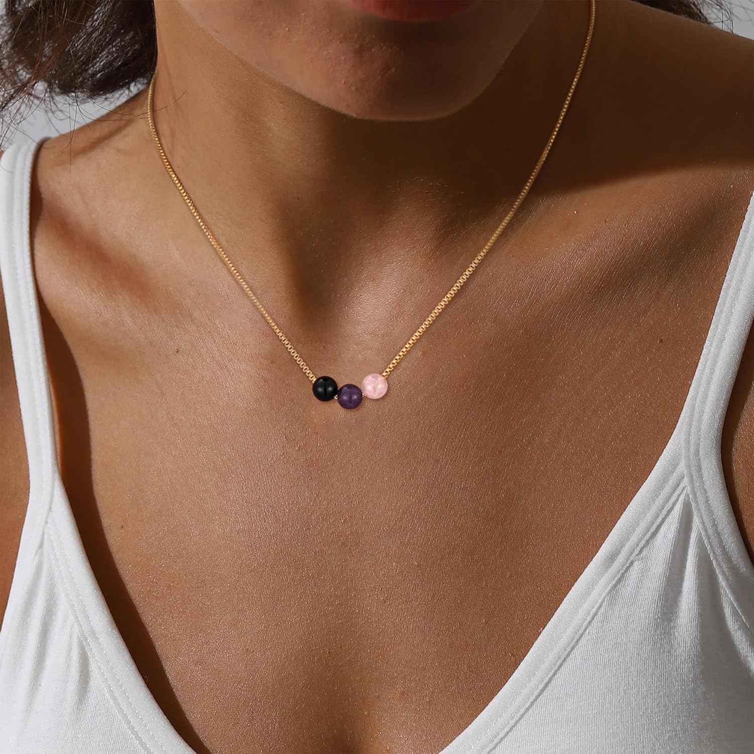 Healing Crystal Necklace for Women 14k Plated Gold Beaded Necklace Anxiety Relief Triple Protection Amethyst Gifts for Friends Sister Mom Daughter Jewelry - Image 5