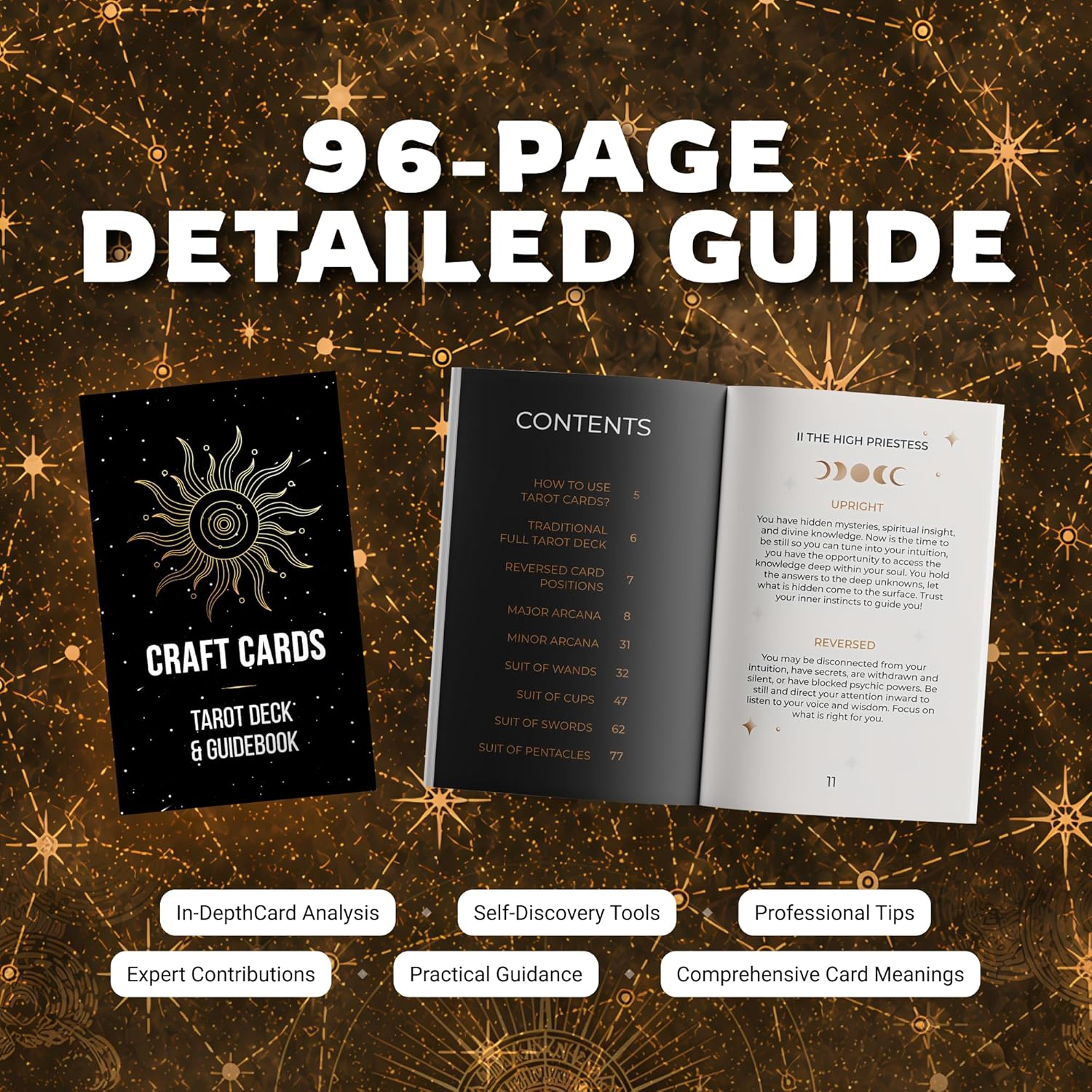 CRAFTERIAN Tarot Cards, 78-Card Deck, Original Tarot for Beginners & Experts with Guide Book, Gift Bag & Box, Fortune Telling Game, Adults, Black - Image 6