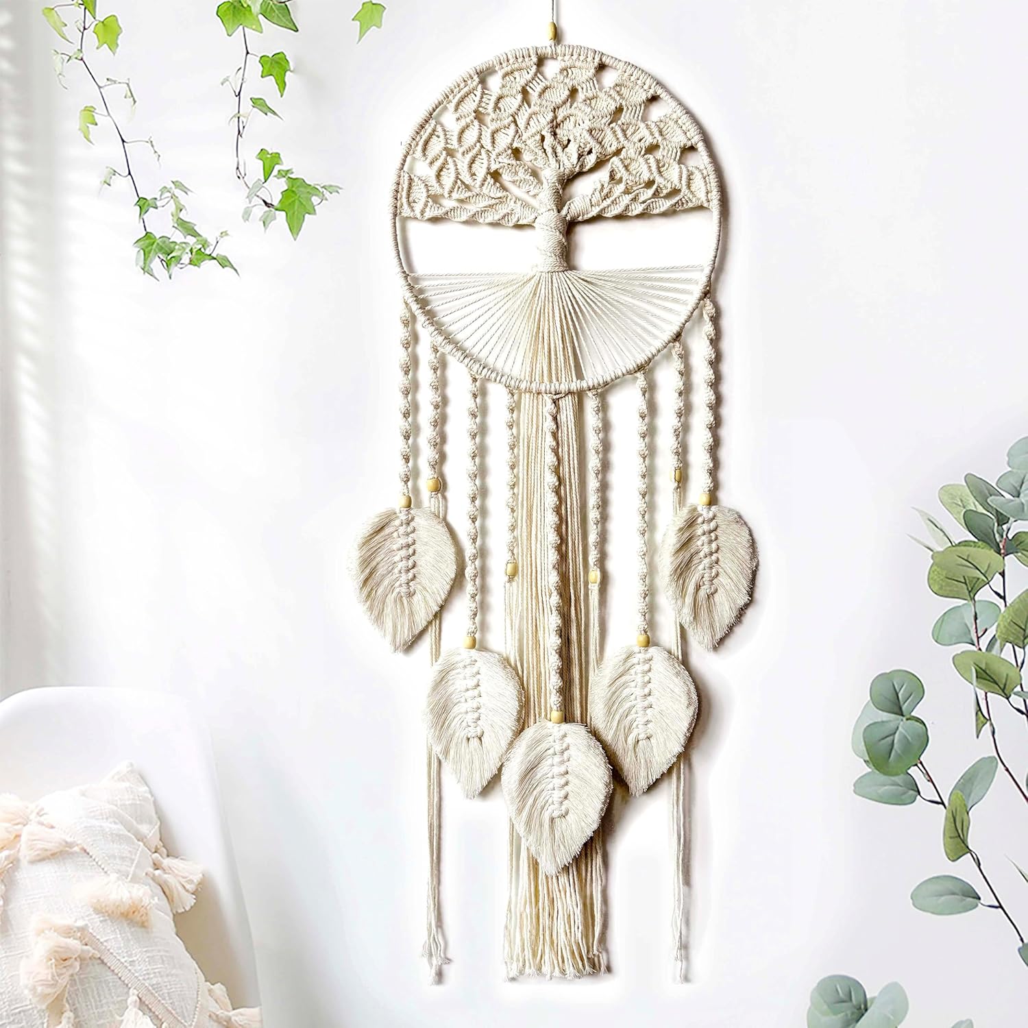 Large Tree of Life Dream Catchers, Macrame Wall Hanging Boho Handmade Woven Dream Catcher Macrame Wall Decor Art for Adults Boys Girls Bedroom Wedding Party Decor, Festival Blessing Gift(Light Beige) - Image 9