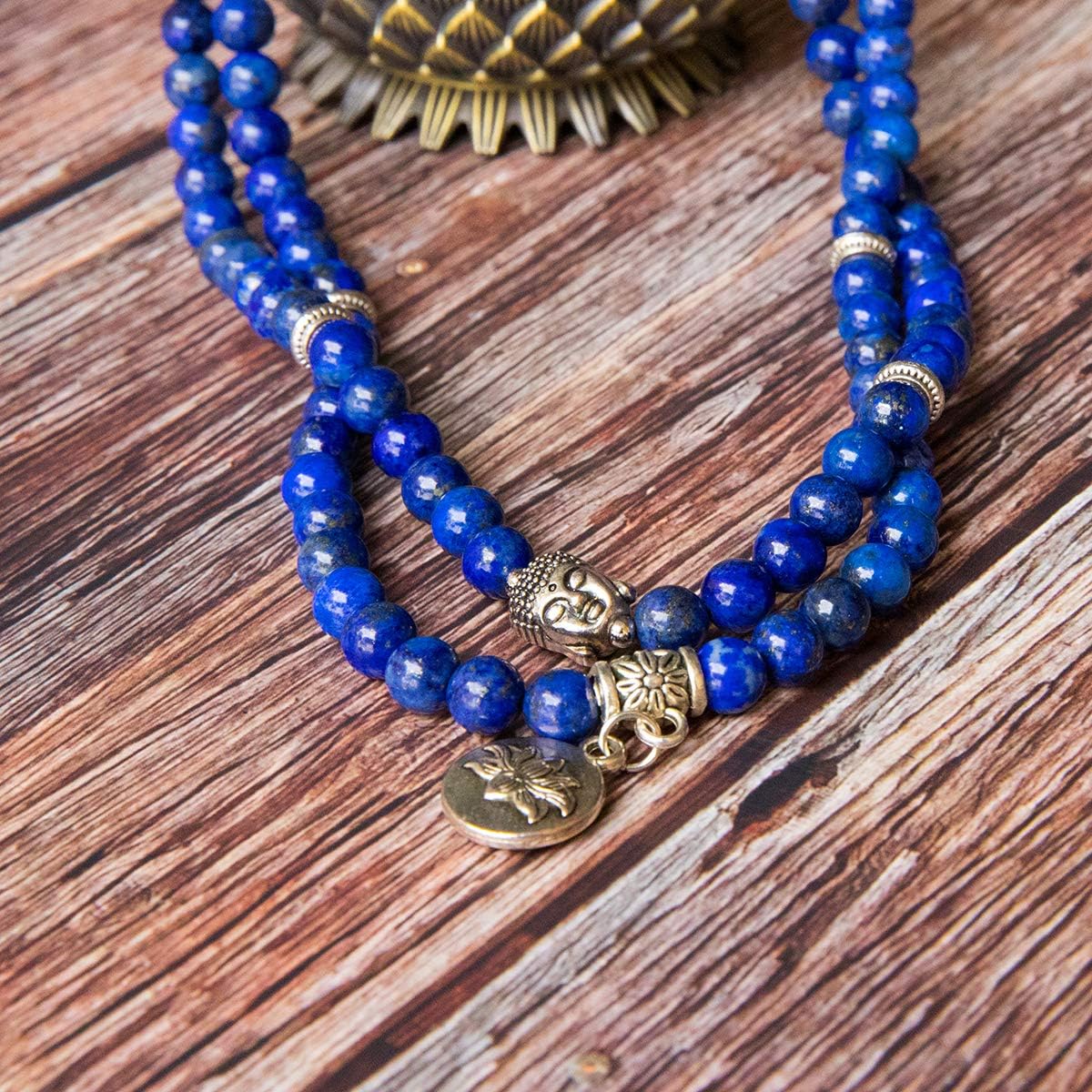 Bivei 108 Mala Beads Necklace Long Beaded Wrap Bracelets Genuine Gemstone Mala Prayer Beads Lotus Buddha Charm Yoga Meditation Necklace - Image 3