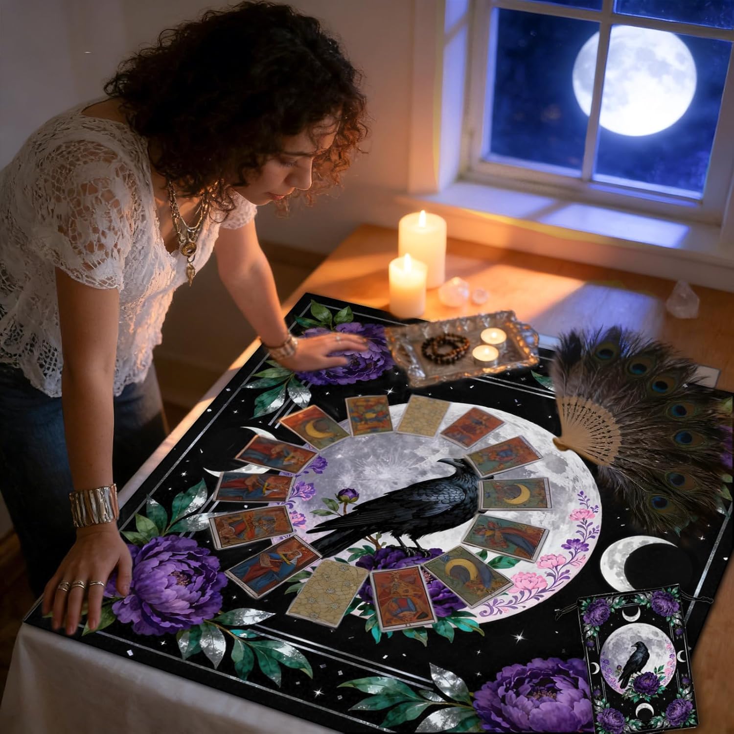 GLOBLELAND Crow Moon Tarot Cloth with Tarot Card Storage Bag Purple Peony Flower Square Velvet Tarots Tablecloth for Divination Wiccan Witchcraft Supplies Tool - Image 5