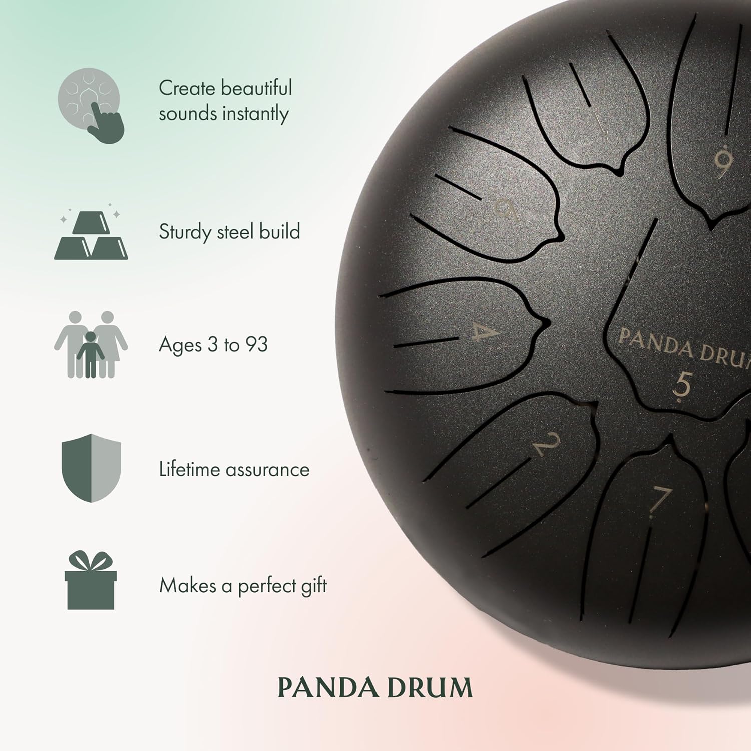 Panda Drum Plus (Black) | Steel Tongue Handpan with Music Book, Mallets, Carrying Bag & Finger Picks | 11 inch, 432 Hz | Rain Drum for Inside & Outside | Calming Musical Instrument for Adults & Kids - Image 5