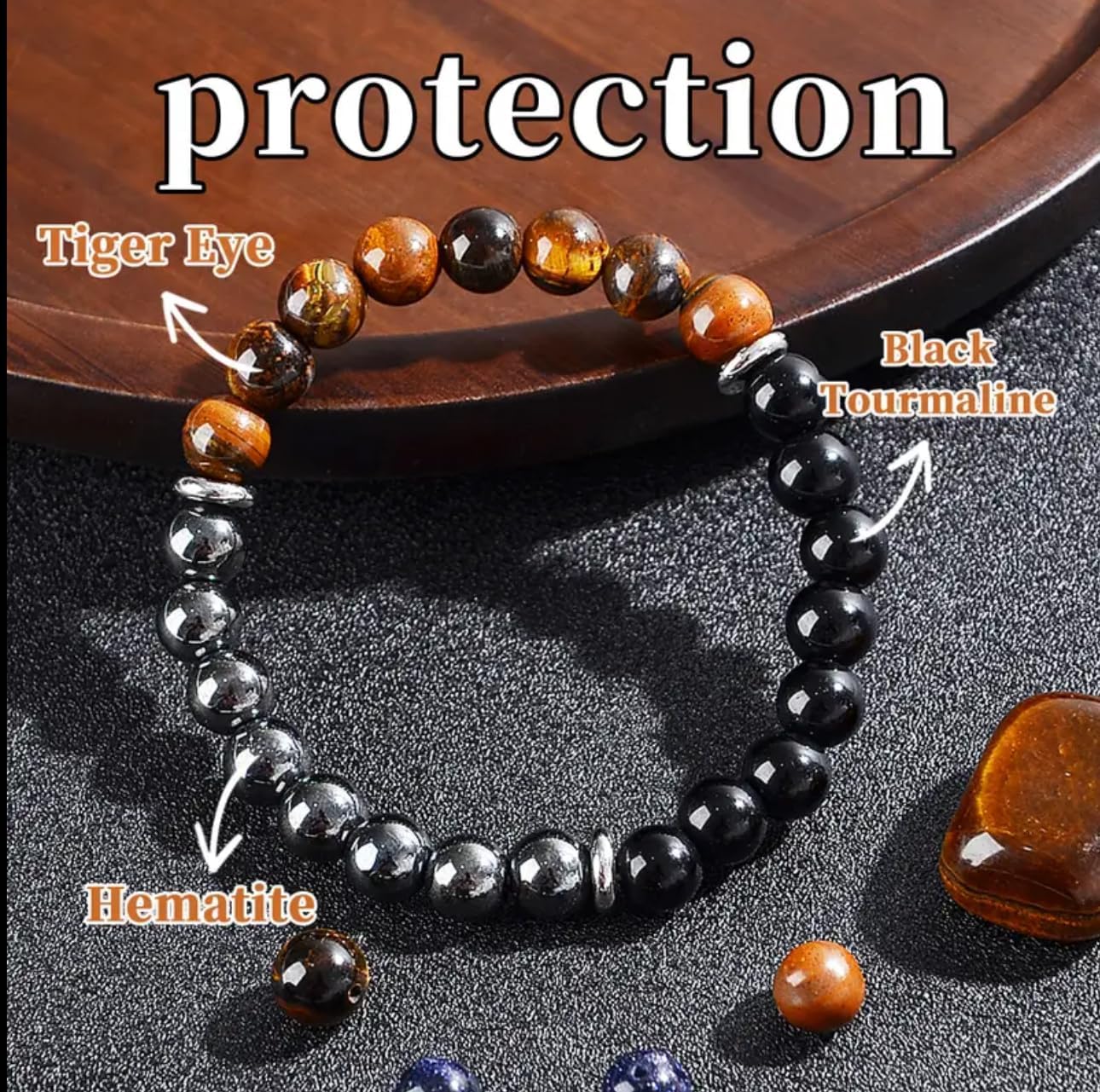 Triple Protection Healing Crystal Beaded Bracelet – Tiger Eye, Black Tourmaline & Hematite Natural Stone Jewelry – Strength & Positive Energy Gift for Men & Women – Christmas & Anniversary - Image 4