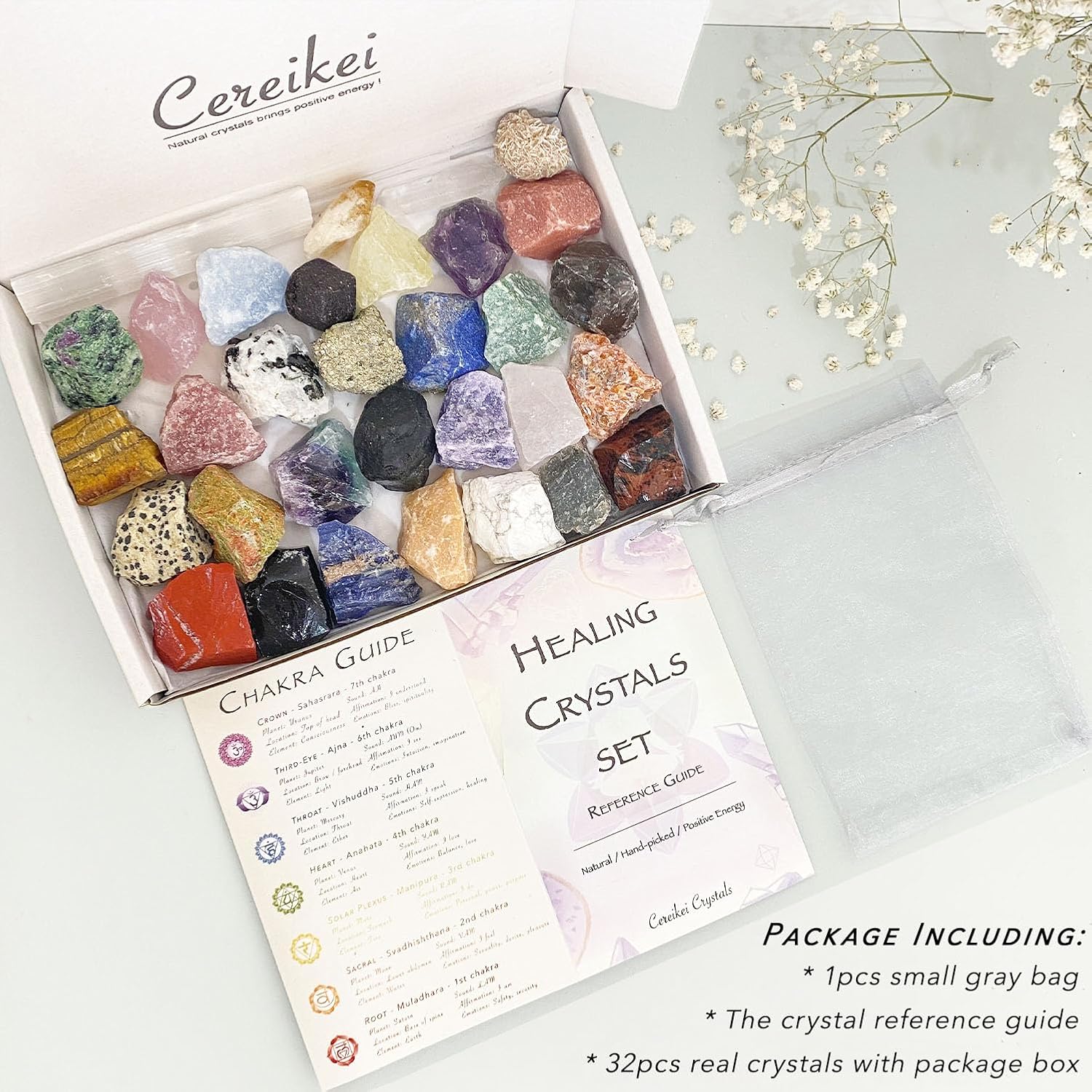 32 Natural Crystals and Healing Stones with Guide, Real Raw Crystals Set for Crystal Healing, Chakra, Meditation, Home Decor, Bulk Rough Stone Collection - Image 2