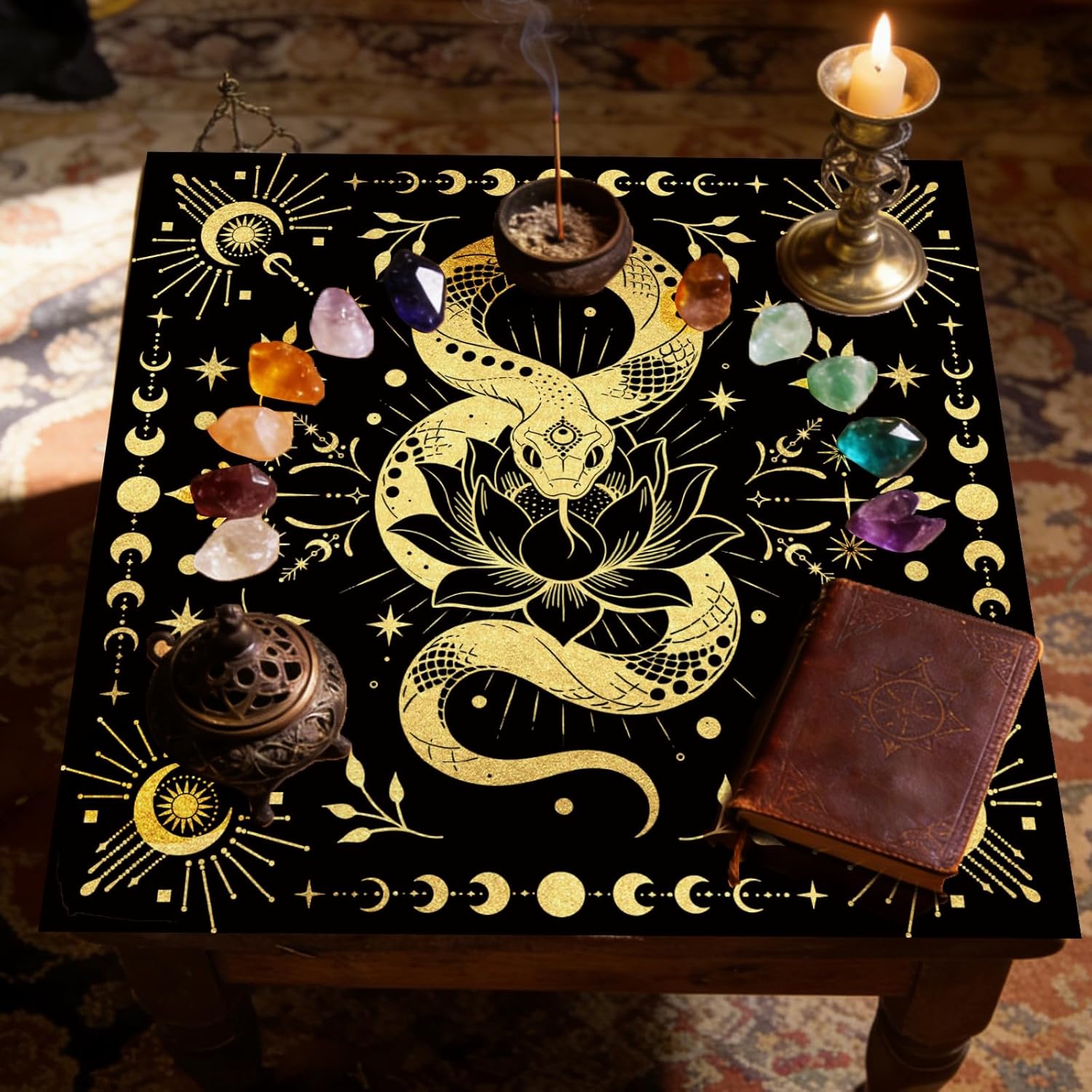 Tarot Altar Cloth Moon Snakes Lotuses Card Table Tablecloth | Black Tablecloth with Velvet Tarot Card Bag for Reading Rituals Crystals Spiritual Divination Witchcraft Supplies - Image 7