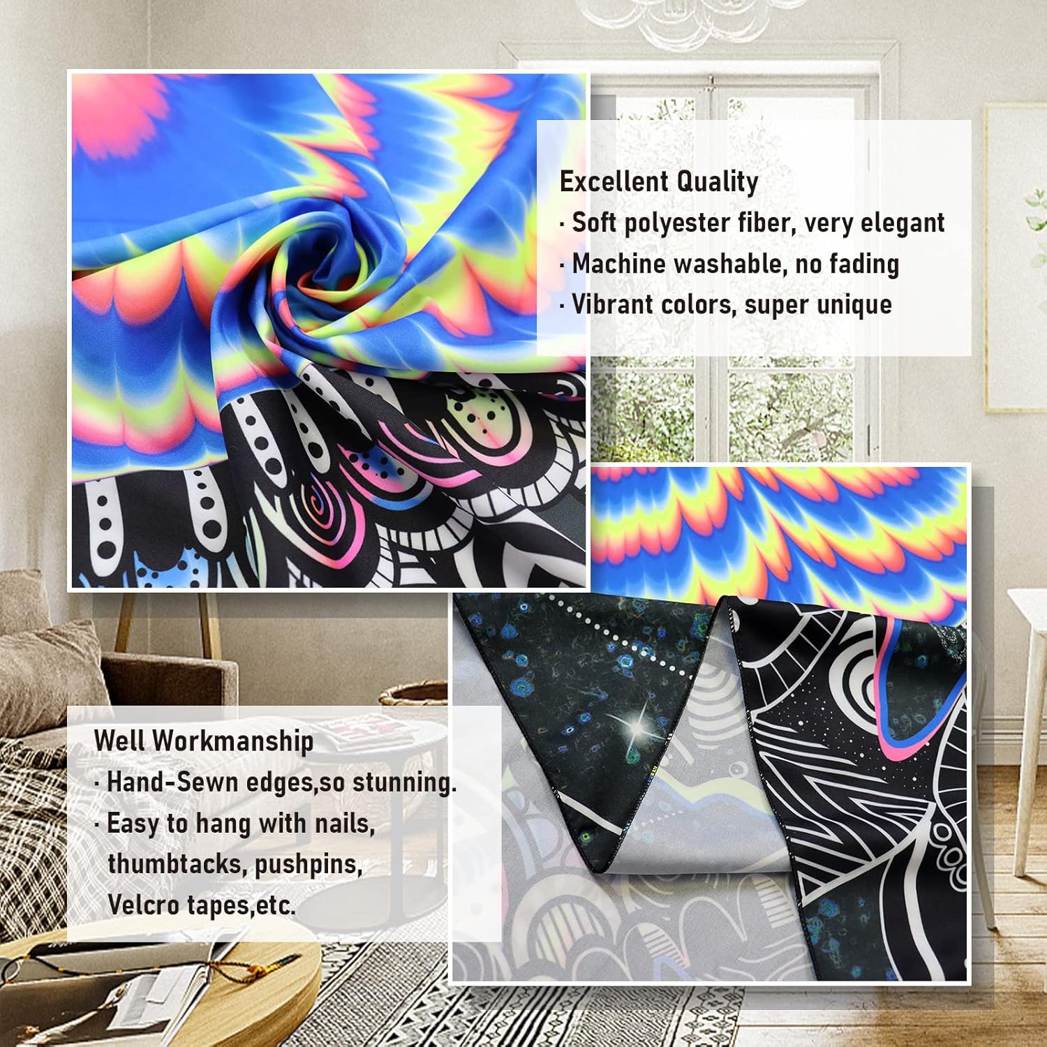 Amonercvita Blacklight Tapestry Trippy Mandala Tapestries UV Reactive Galaxy Stars Tapestry Psychedelic Neon Tapestries Wall Hanging Hippie Black Light Poster for Bedroom - Image 5