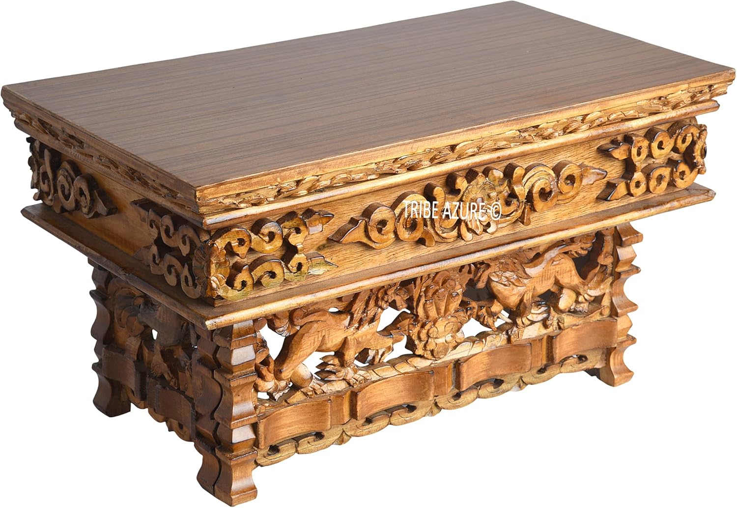 Tribe Azure Fair Trade Small Snow Lion Altar Table, Hand Carved Wooden Table with Majestic Garuda, 16 in x 9 in x 9 in - Image 3