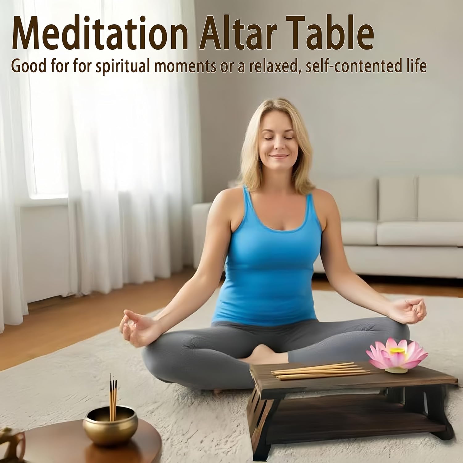 Folding Floor Table,Meditation Altar Table for Home Decor,Hand Carved Natural Brown Wood Small Puja Table, Used in The Tea Table Japanese,Study Room,IT is 24Inches(L),12 Inches(W) , 21 Inches(H) - Image 8