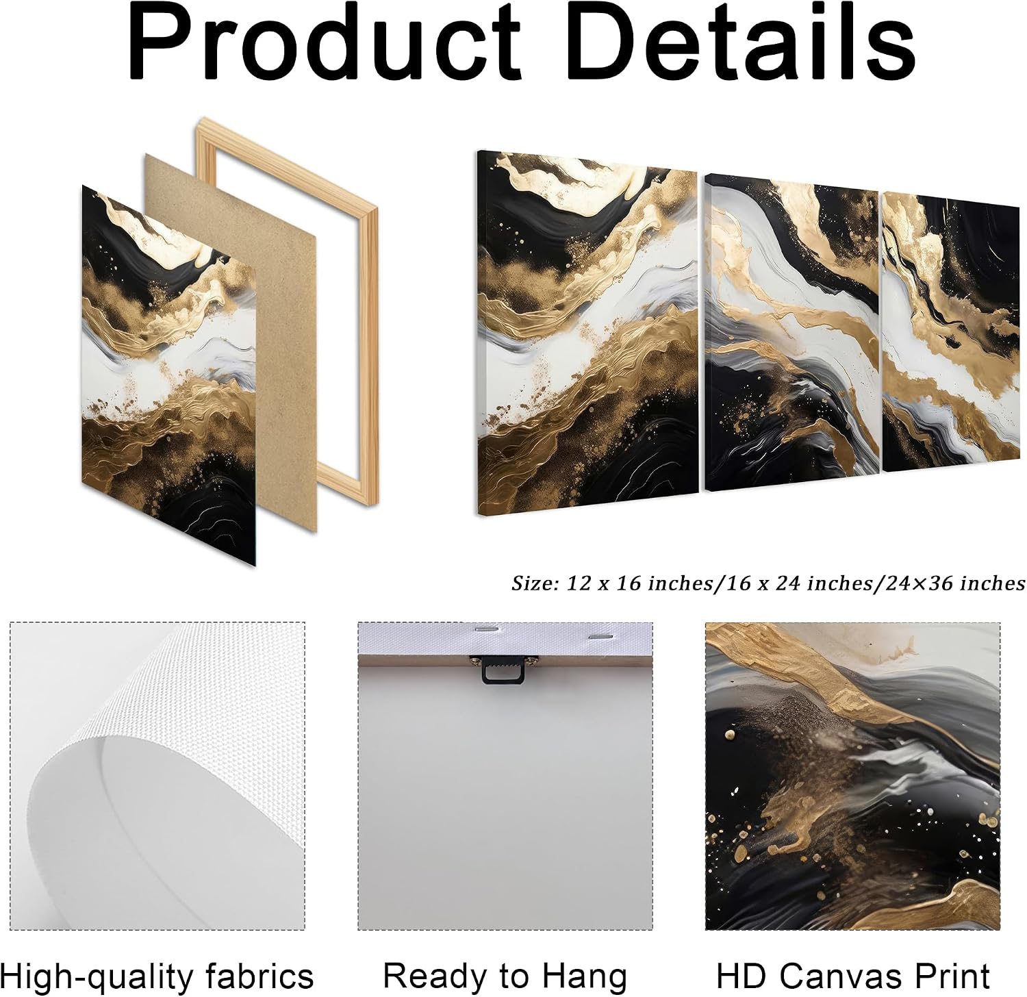 Palette Dreams 3 Piece Framed Black and White Abstract Wall Art, Black Gold Canvas Black Marble Picture Wall Decor, Modern Gold Foil Art Poster Print for Living Room Bedroom Office Bathroom 16x24 Inch - Image 6
