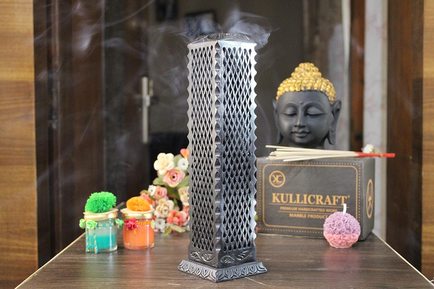 Handmade Marble Black Soapstone Incense Burner, 3x3x11 in | Candle Stick Holder, Tea Light Burner, Jaali Carving, Decorative Home & Kitchen Decor - Image 6