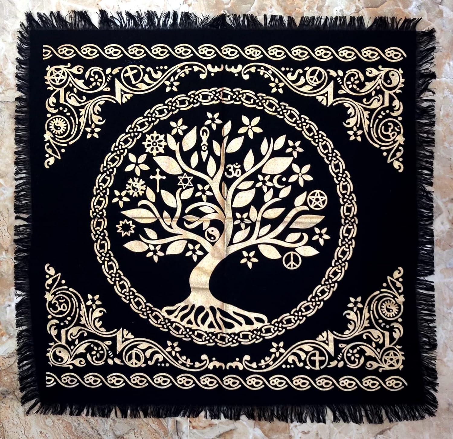 INDACORIFY Tree of Life Altar Table Top Cloth with Fringes Alter Tarot Witchcraft Spread Witchery Supplies Sacred Cloth 18x18 in (Gold Tree of Life) - Image 2