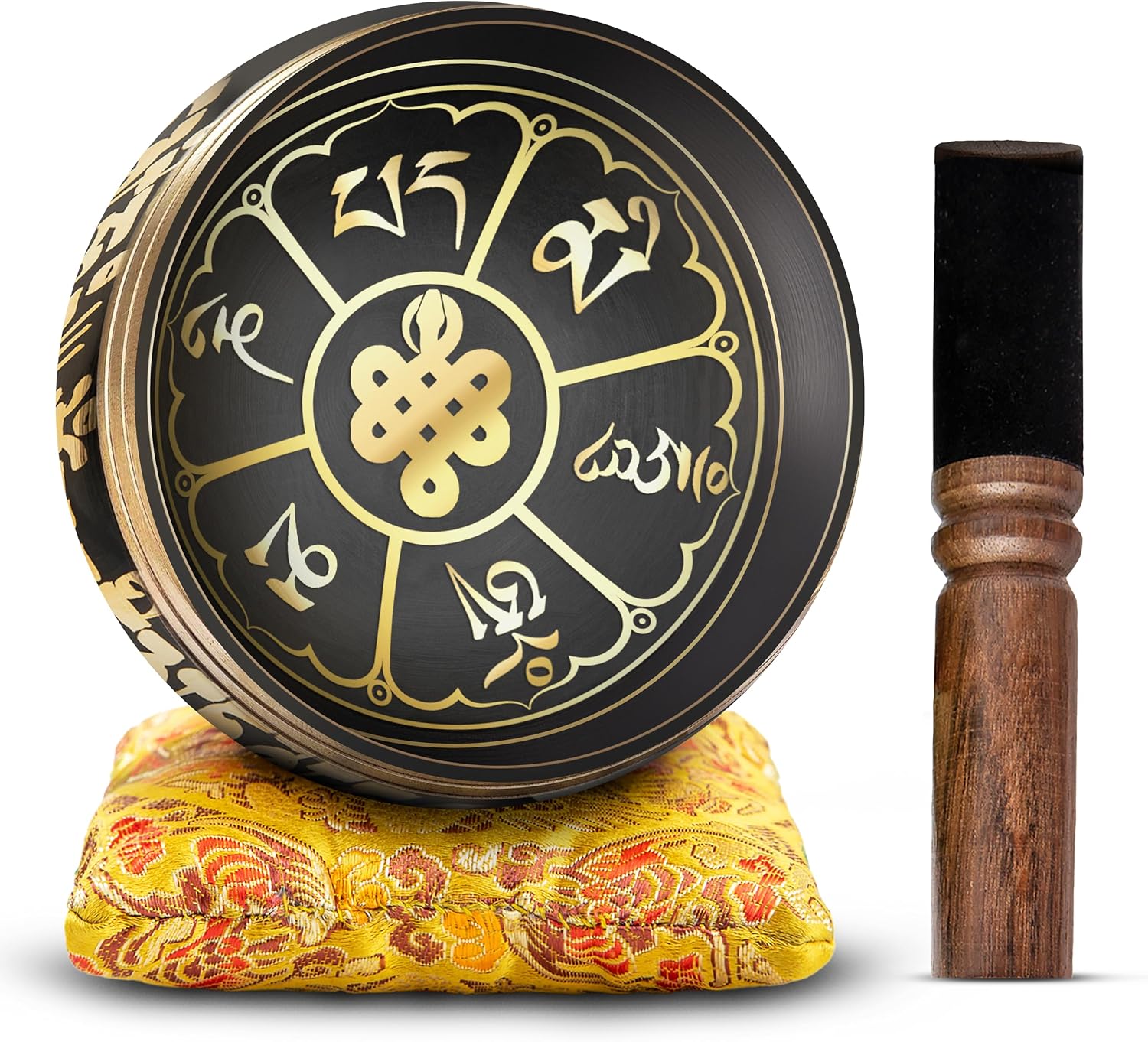 Tibetan Singing Bowl Set Bronze - Master Healing Grade - With Tibetan Thangka Art - Pure Tone By HIMALAYAN BAZAAR (Black & Yellow) - Image 2